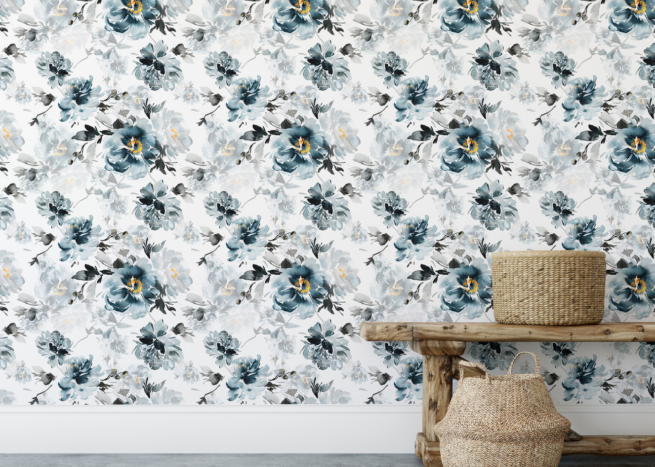 Removable Watercolor Flower Handmade Indigo Wallpaper