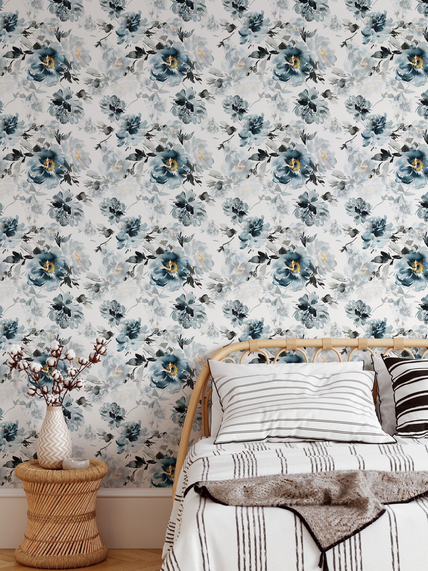 Removable Watercolor Flower Handmade Indigo Wallpaper