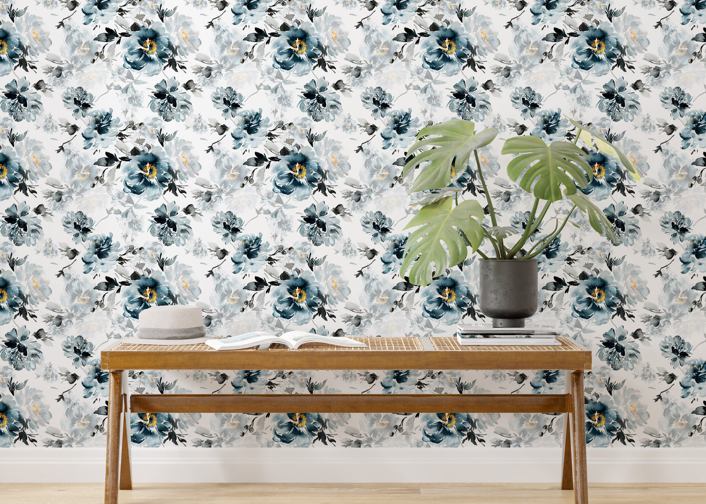 Removable Watercolor Flower Handmade Indigo Wallpaper