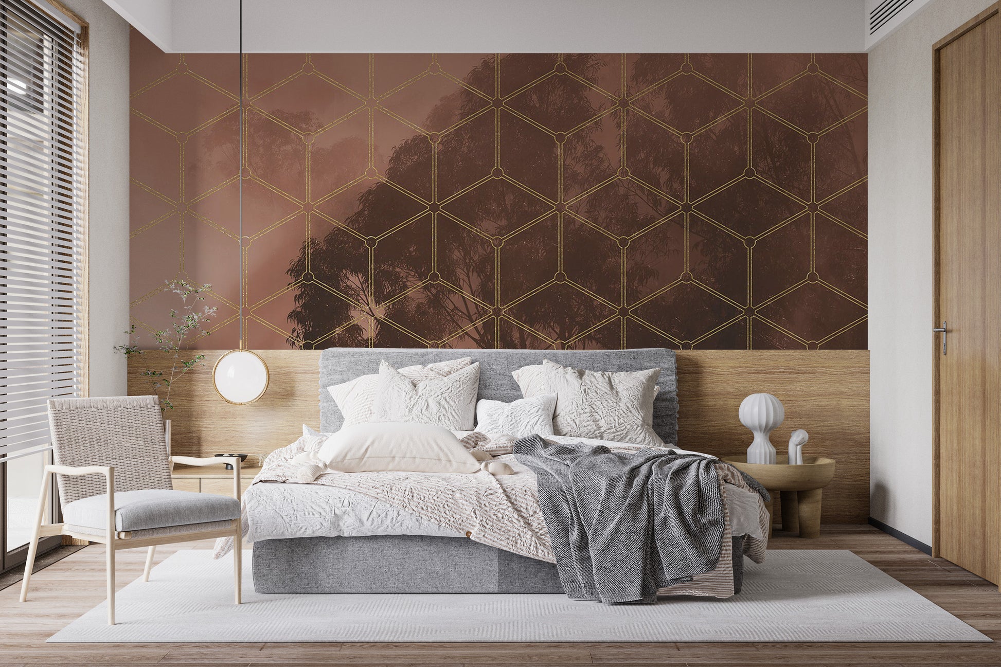 Golden geometric forest mural for contemporary spaces
