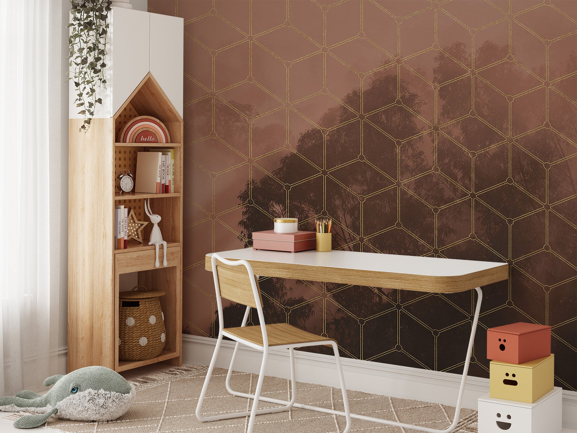 Modern golden geometric forest wallpaper for trendy rooms
