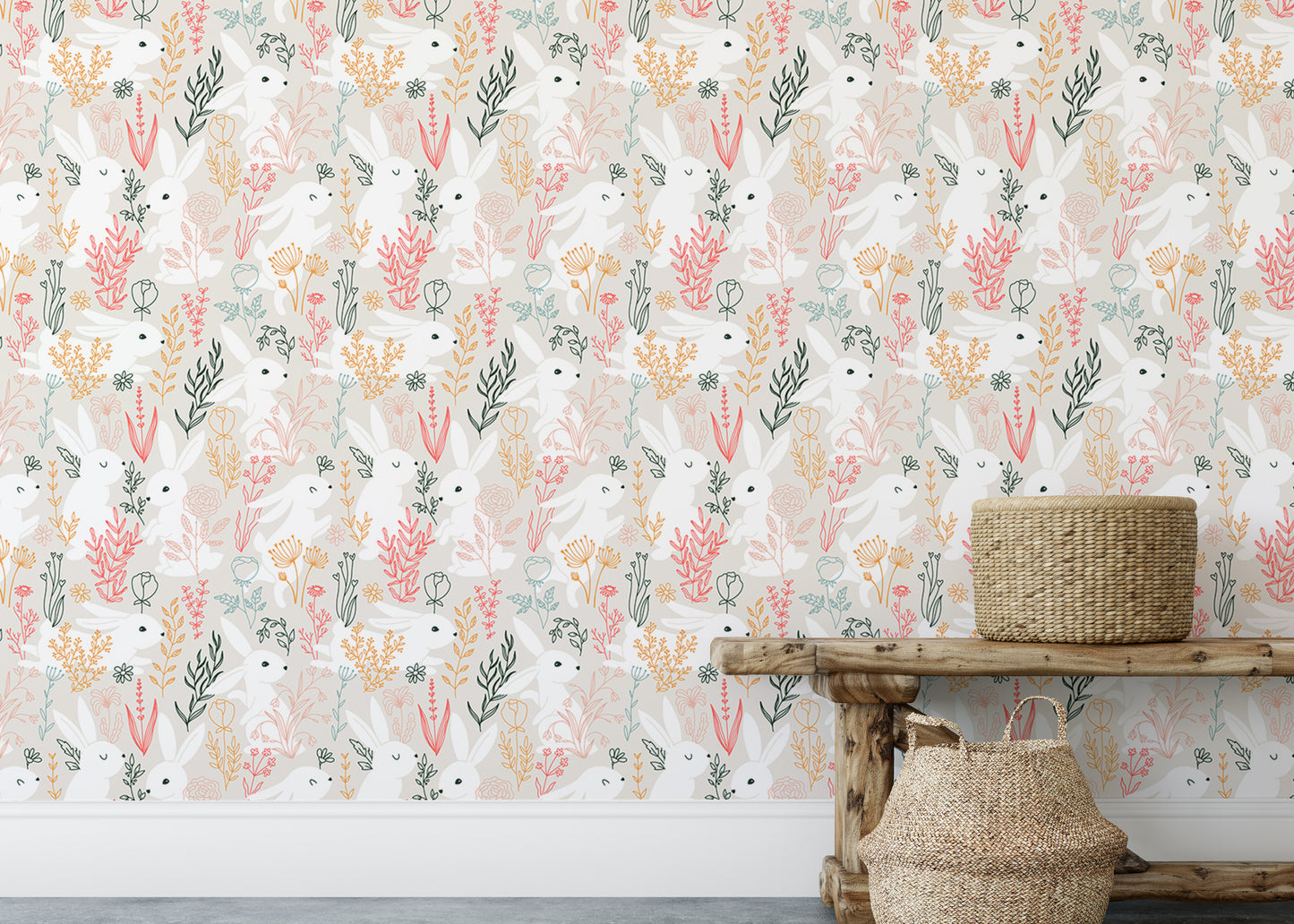 Rabbits Grass and Colorful Leaves Removable Wallpaper