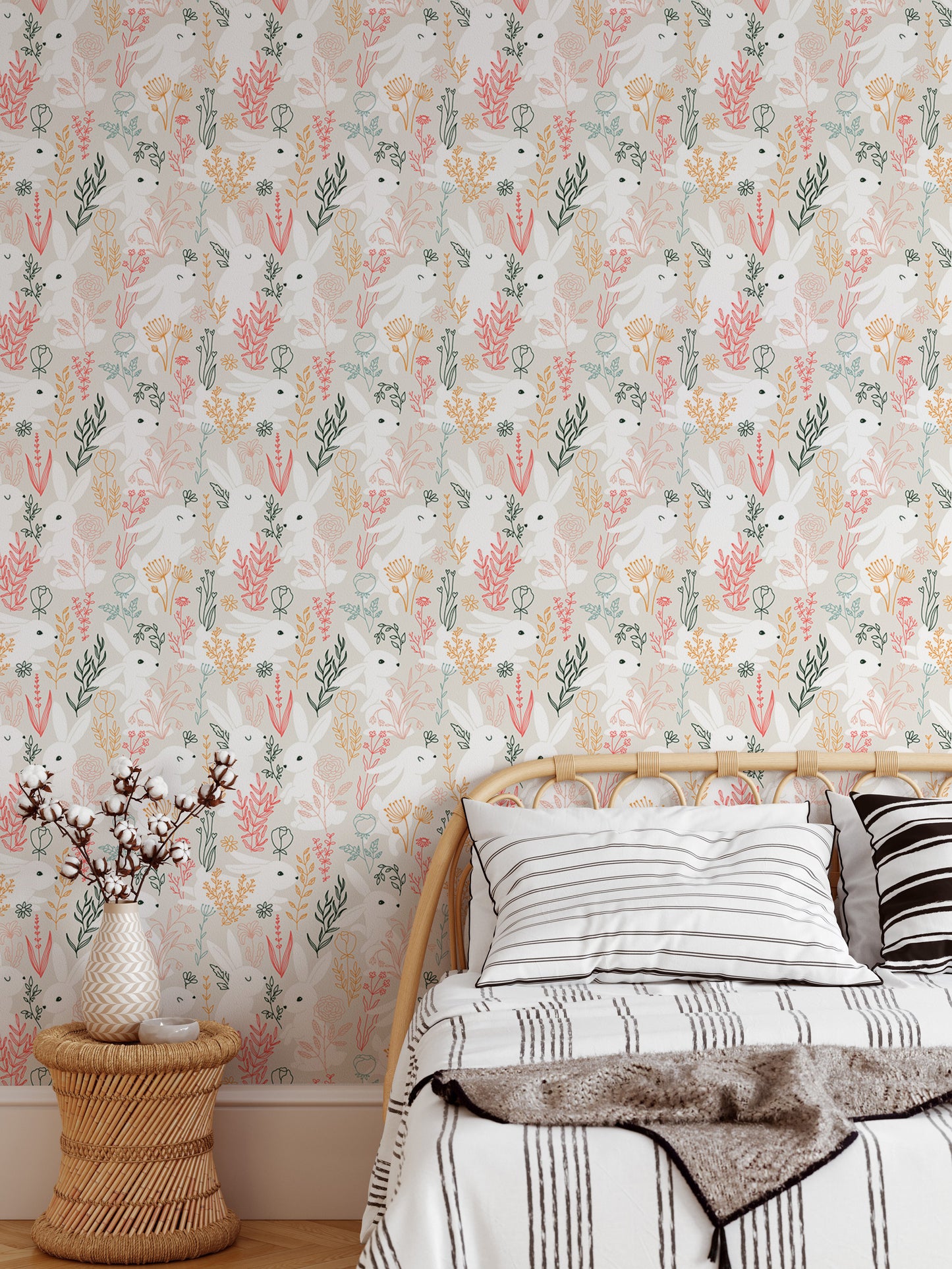 Rabbits Grass and Colorful Leaves Removable Wallpaper