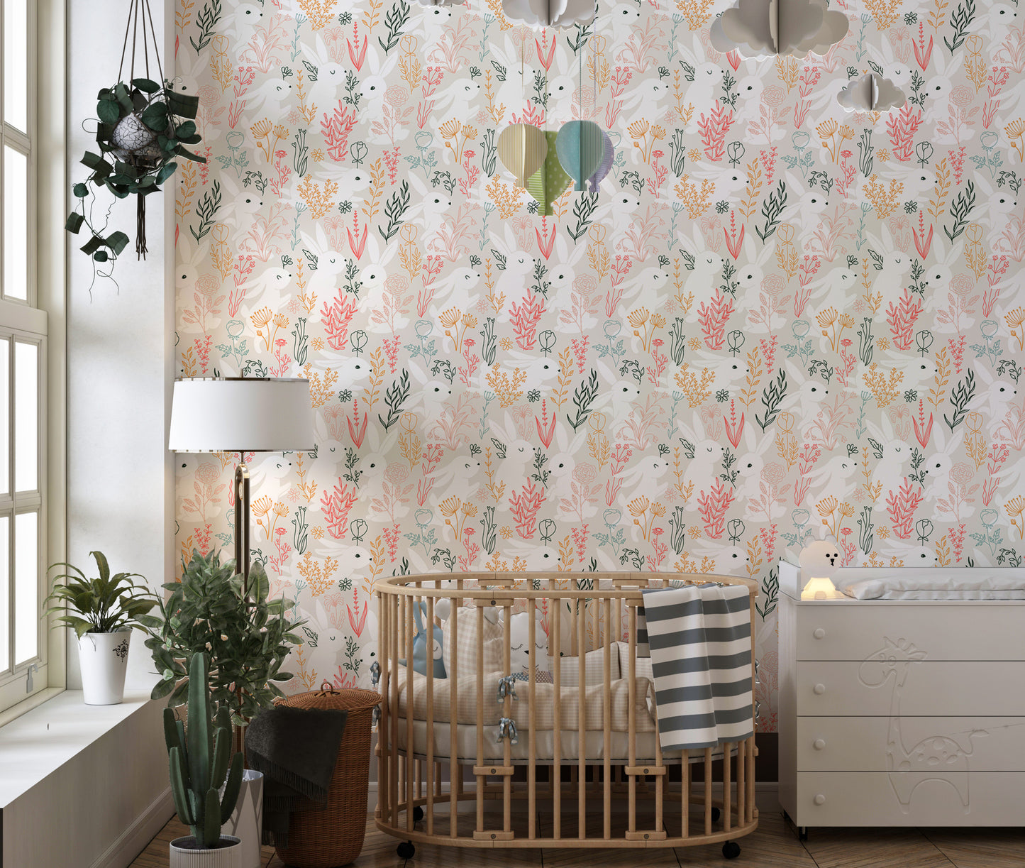 Rabbits Grass and Colorful Leaves Removable Wallpaper