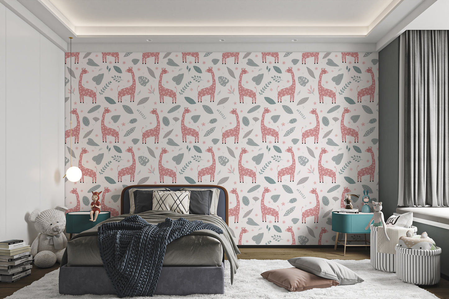 Giraffe and Leaves Wallpaper Mural - Pink