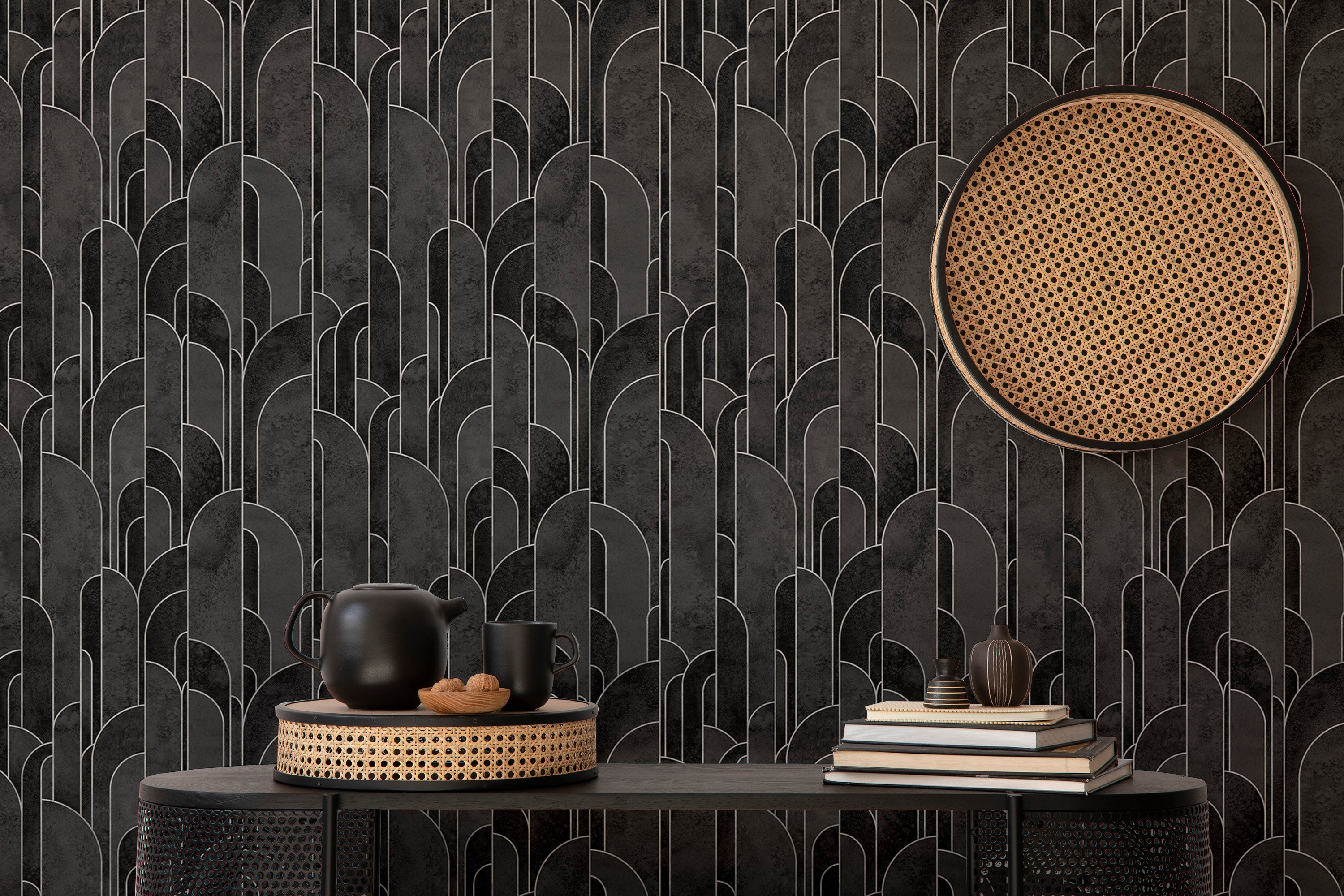 Black repeating Deco wallpaper for modern decor.