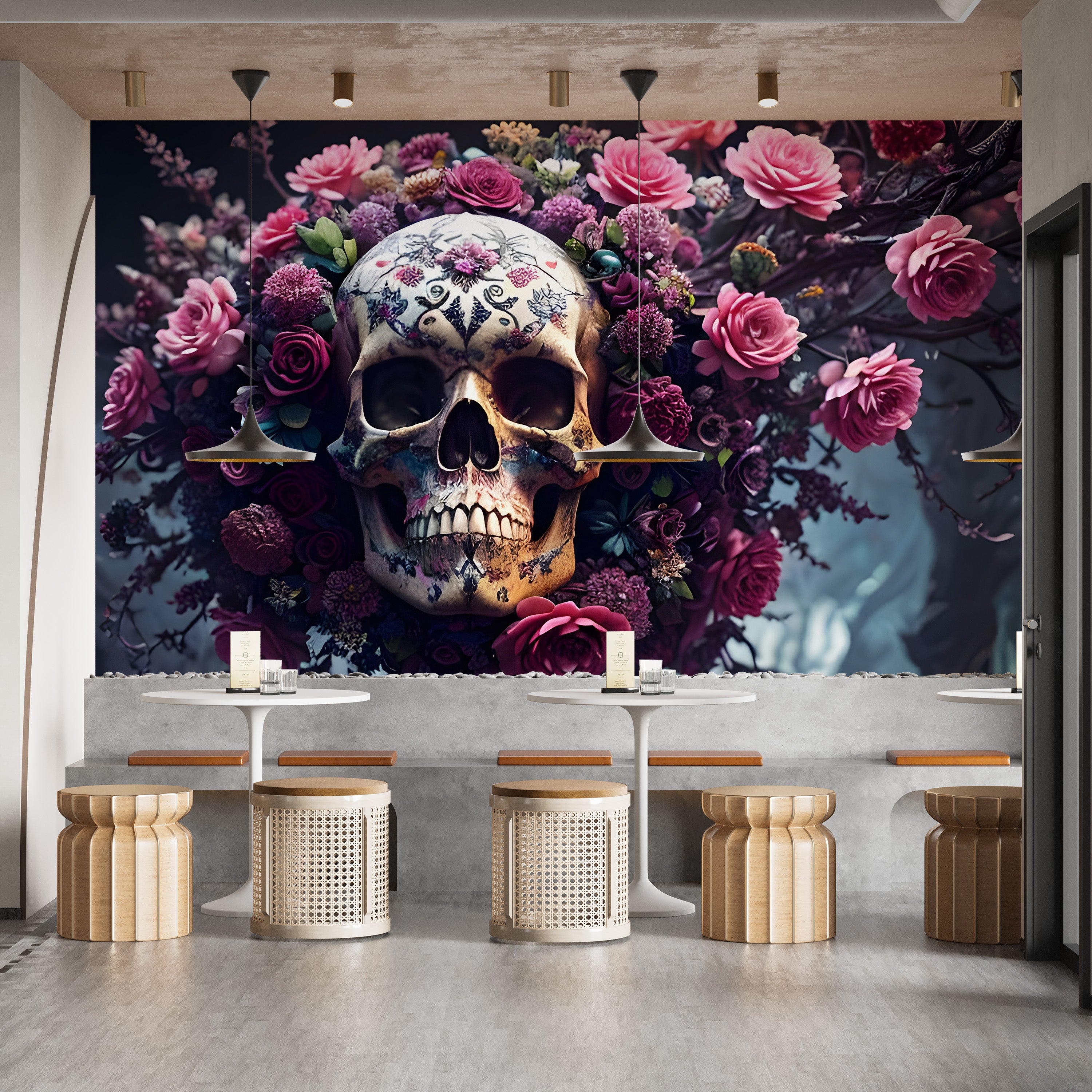 Artistic wall mural featuring a floral skull for Halloween
