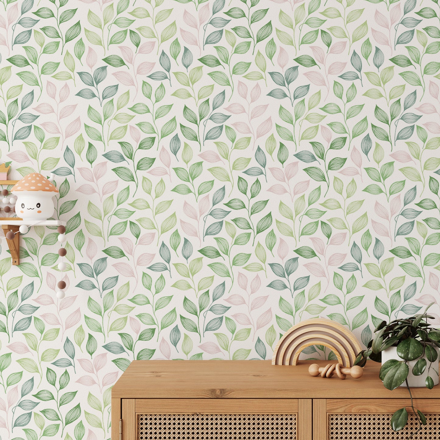 Pink and Green Color Leaves Repeat Pattern Wallpaper