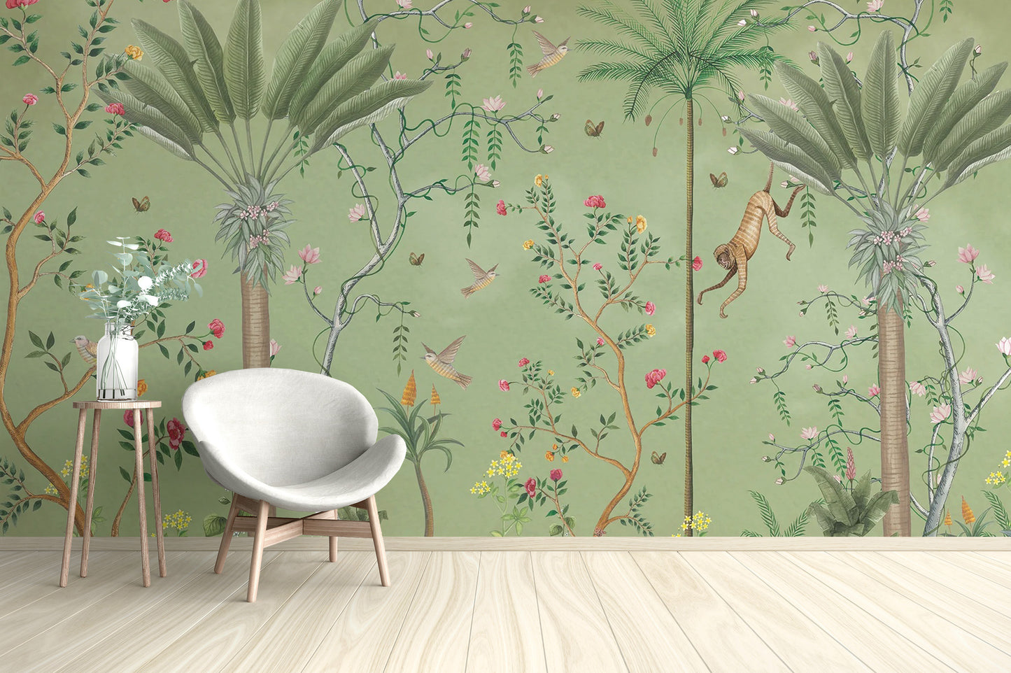 Classic green tropical chinoiserie mural for serene spaces
