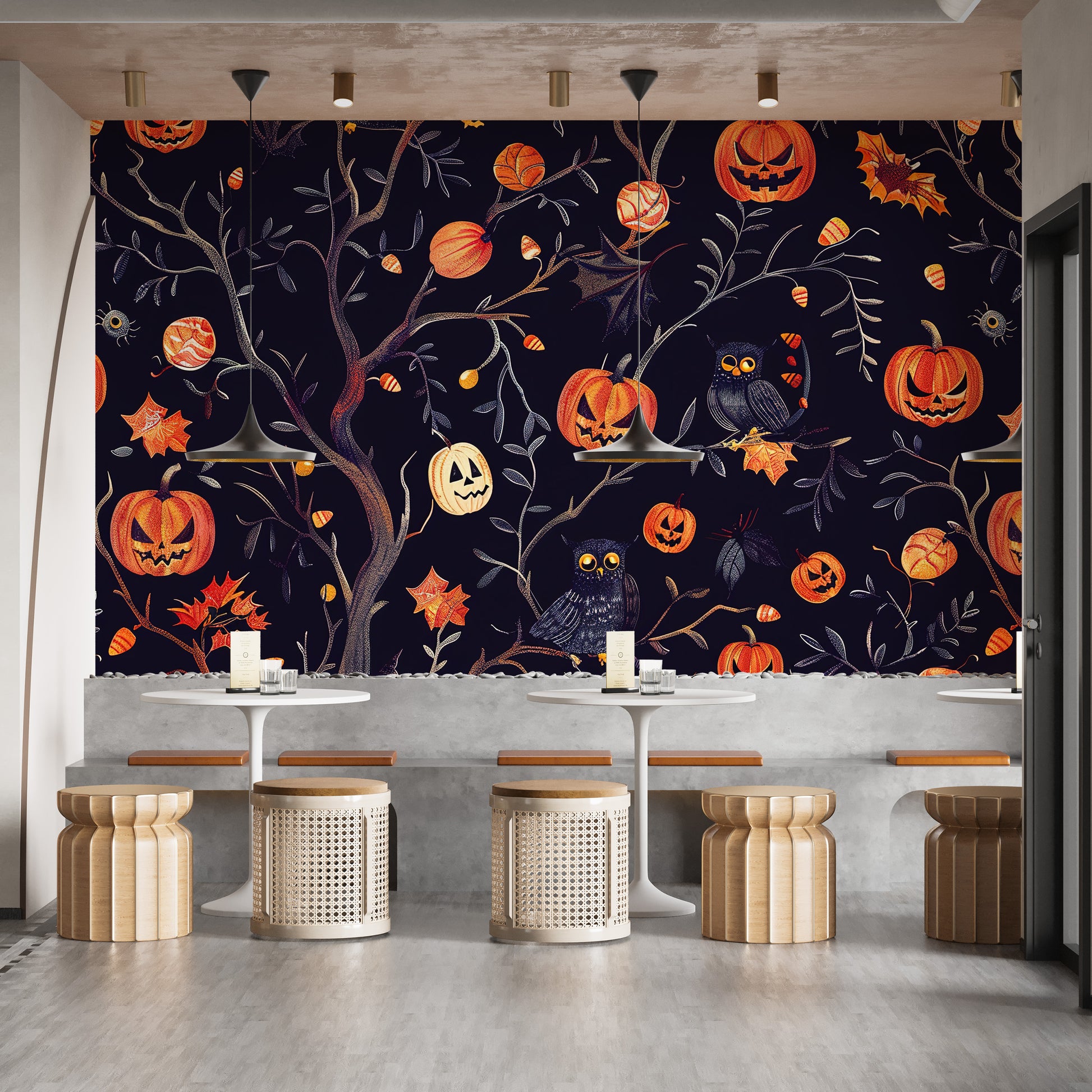 Wall mural featuring Halloween owls and pumpkin designs
