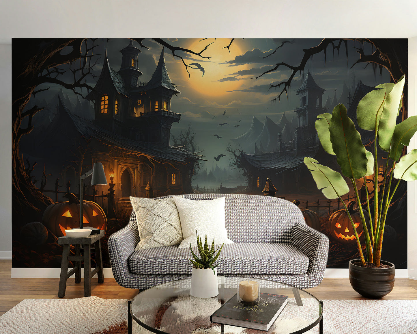 Gothic haunted house mural for mysterious wall decor
