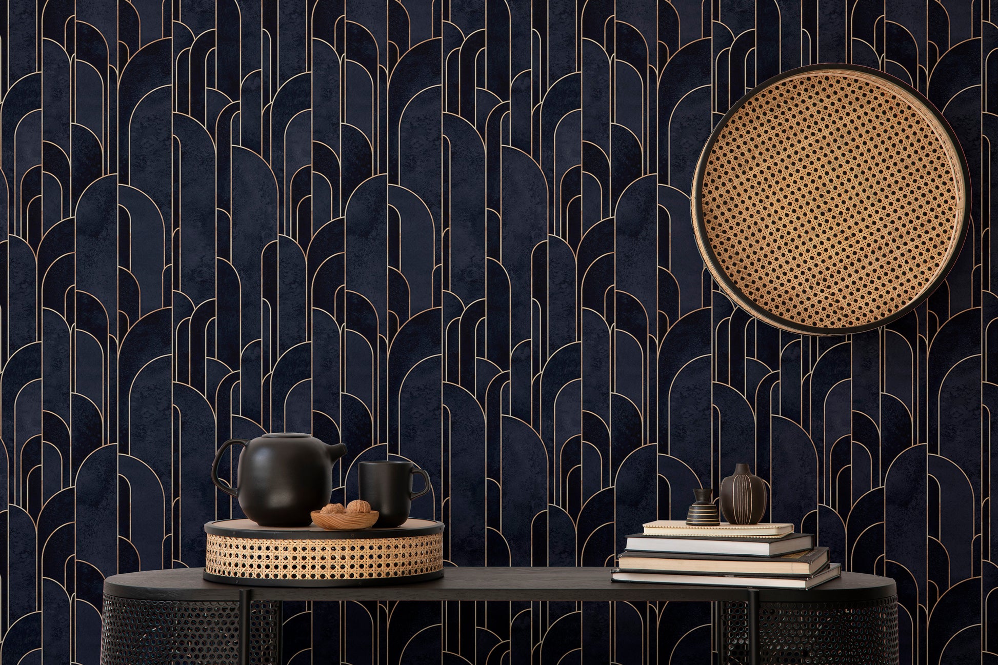 Sleek dark blue Deco self-adhesive design wallpaper.