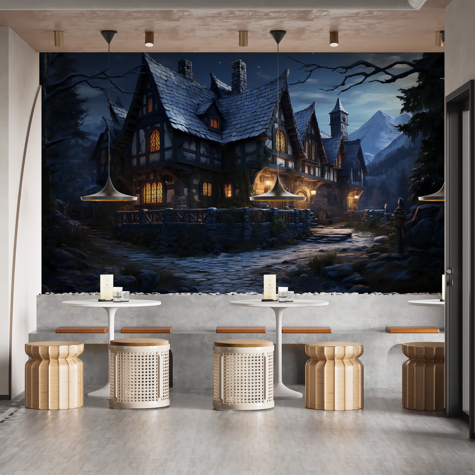 Gothic-inspired haunted cottage mural for dramatic decor
