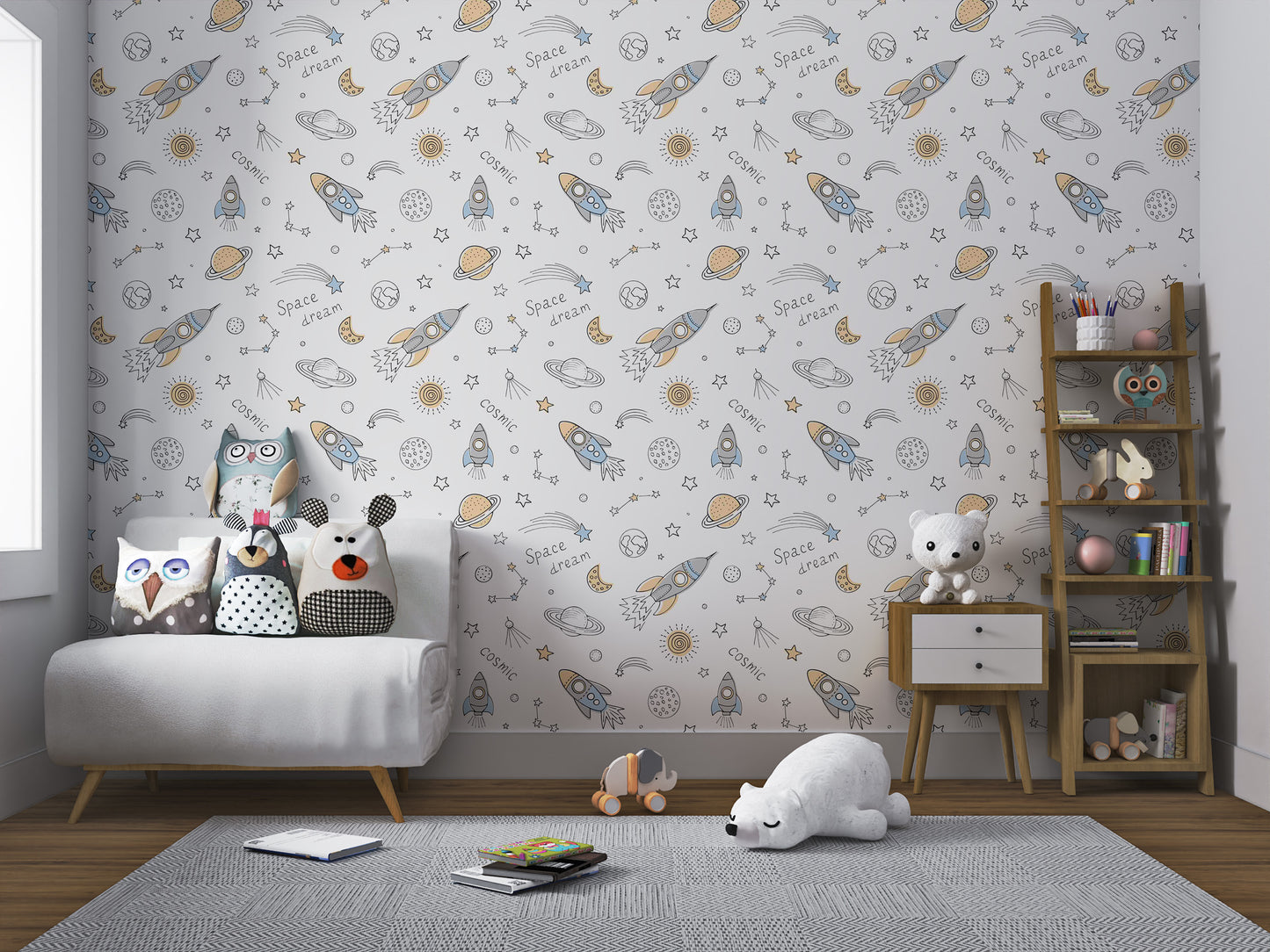 Rocket and star wallpaper for a children's room