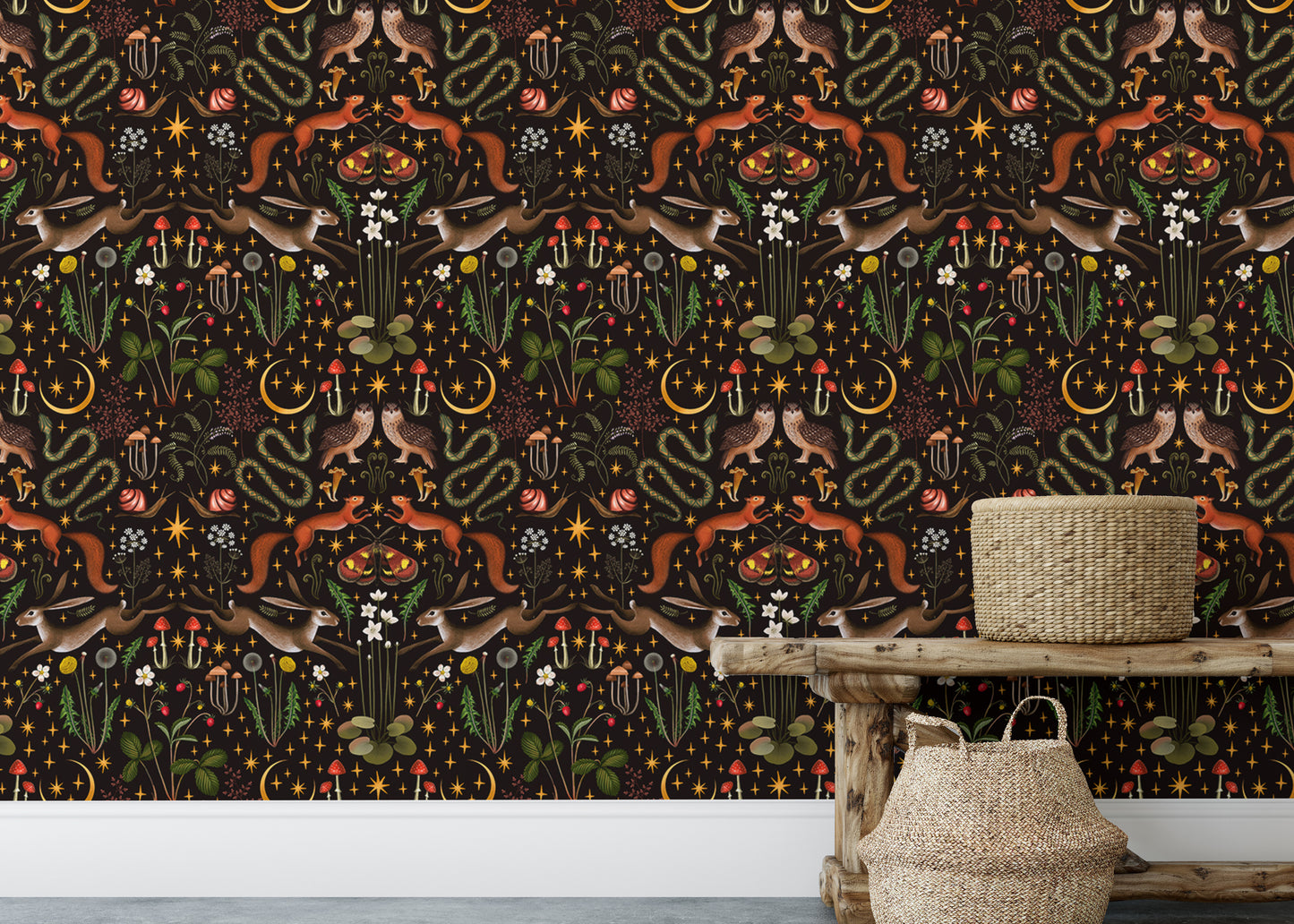 Repeat pattern wallpaper with owls, flowers, and mushrooms