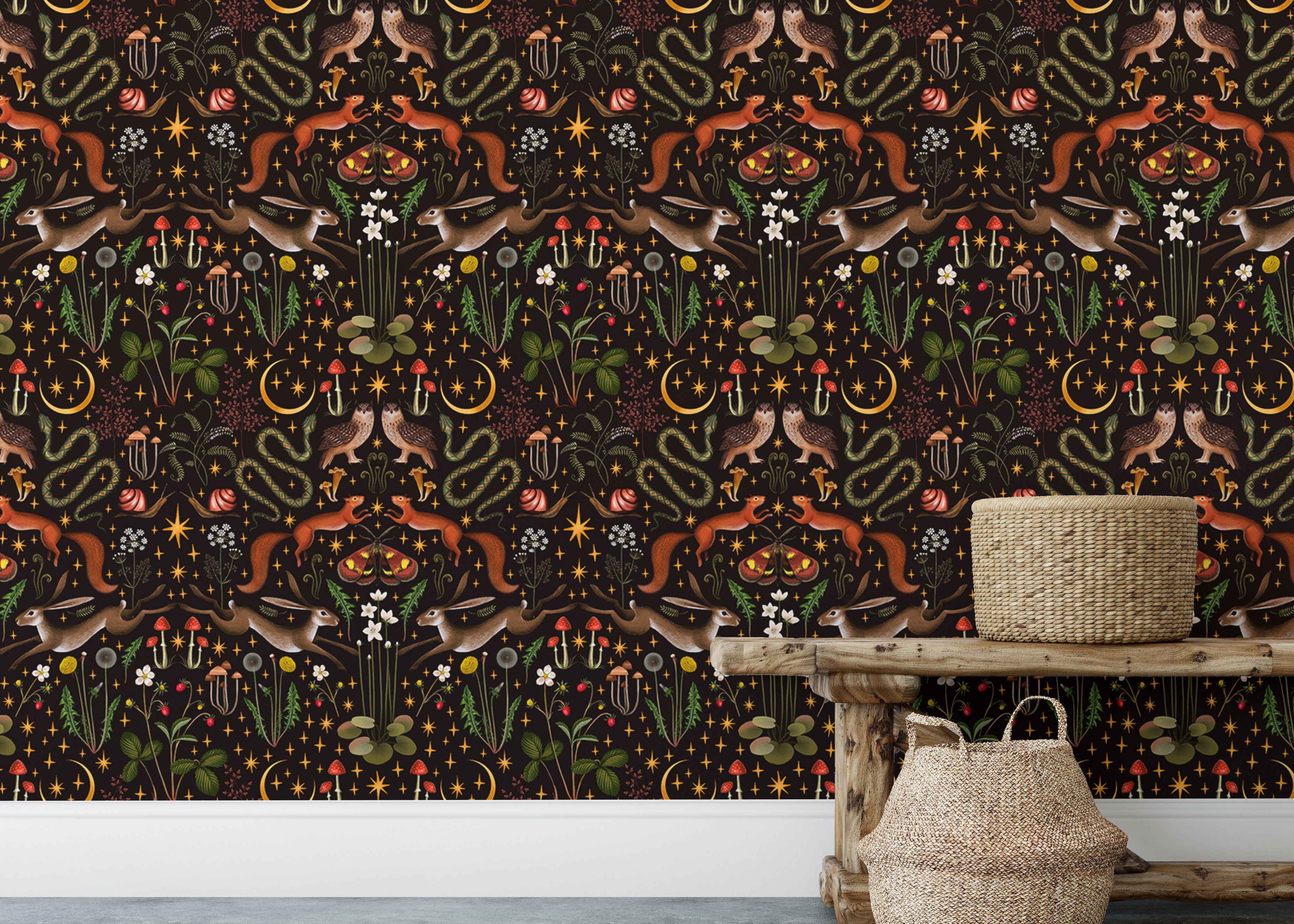 Repeat pattern wallpaper with owls, flowers, and mushrooms