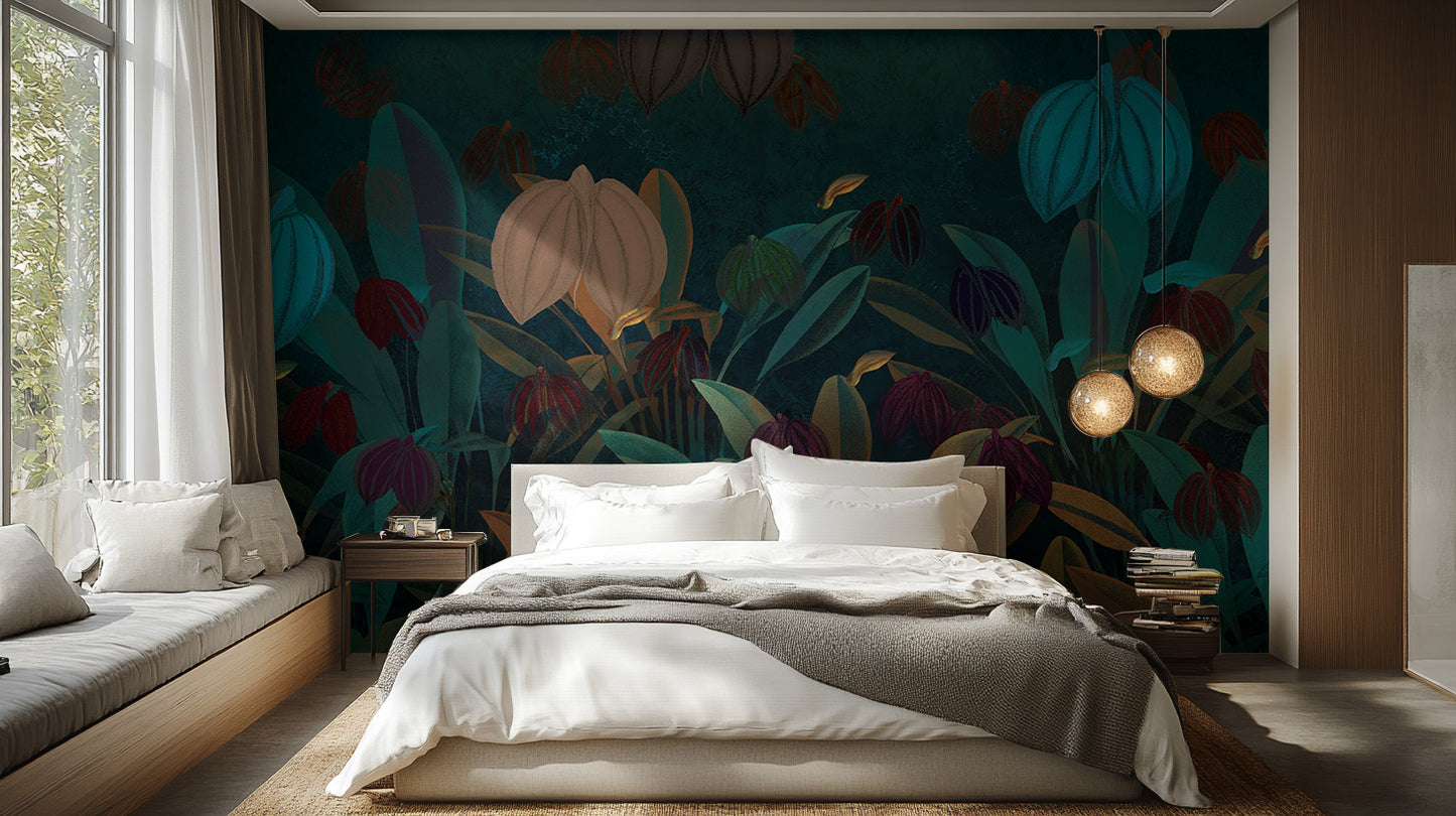 Lush plants and flowers in a vibrant garden mural design.
