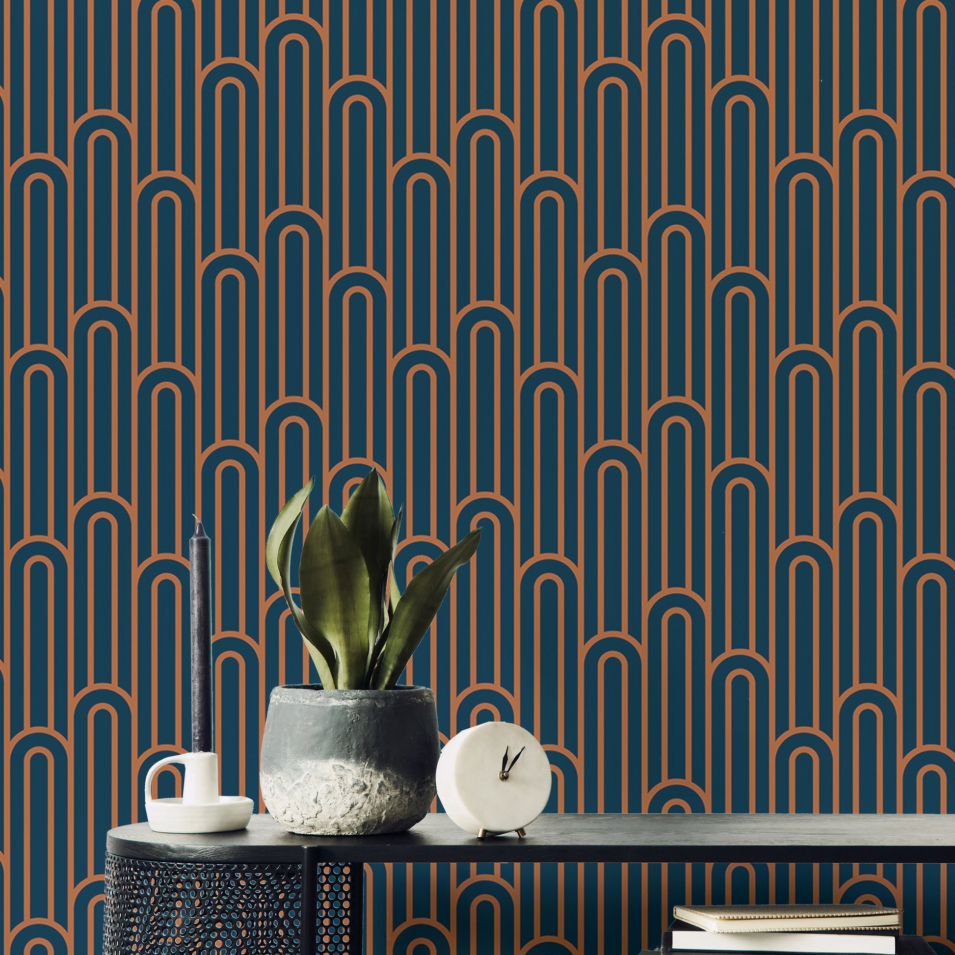 Modern orange Art Deco-inspired wallpaper.