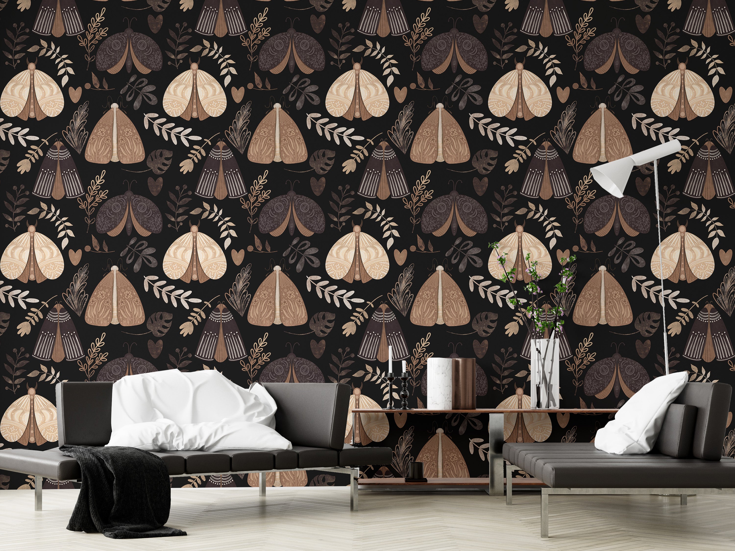 Seamless moth and floral design for magical wall decor