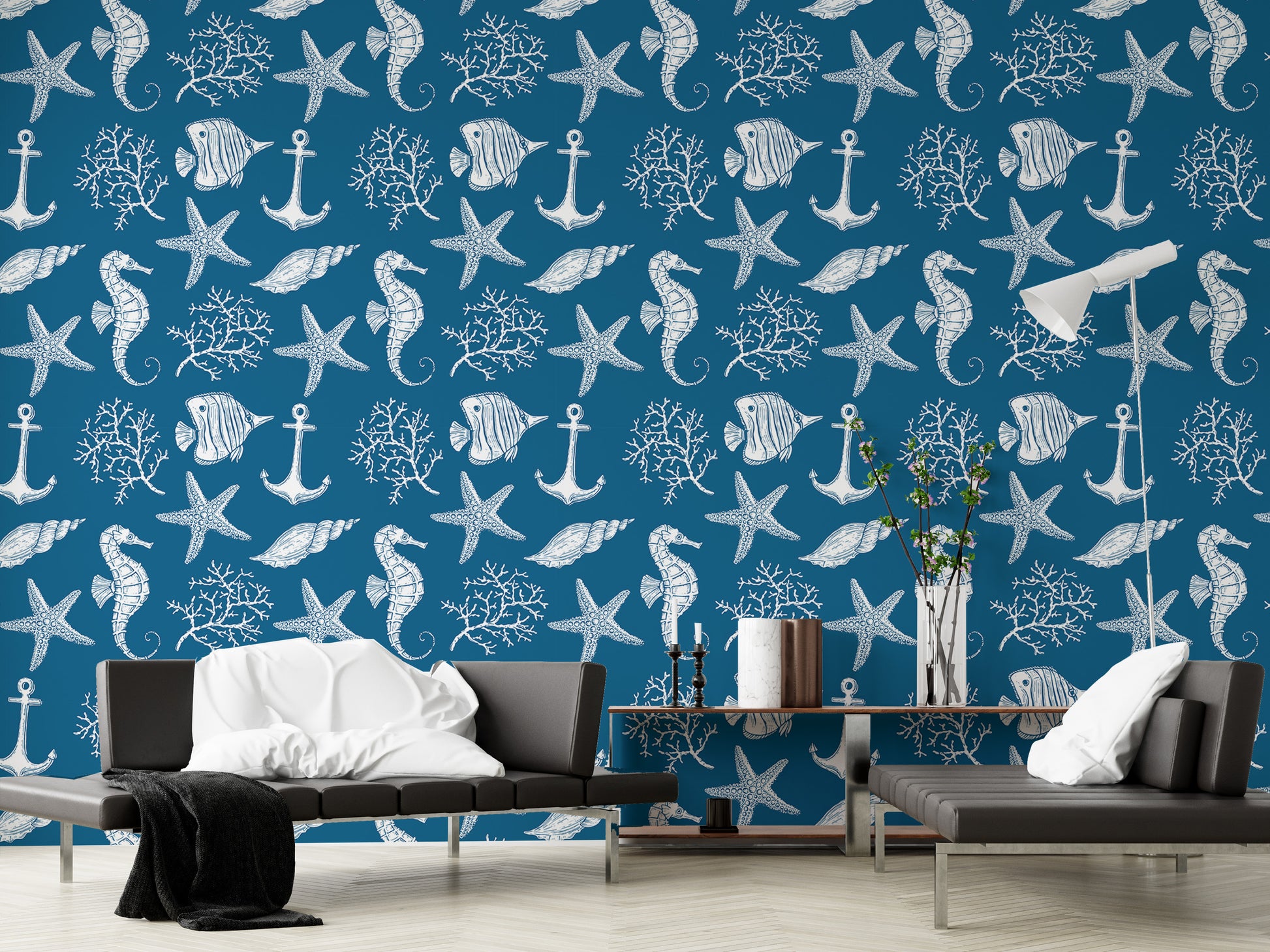 Underwater-themed wallpaper with fish and marine life