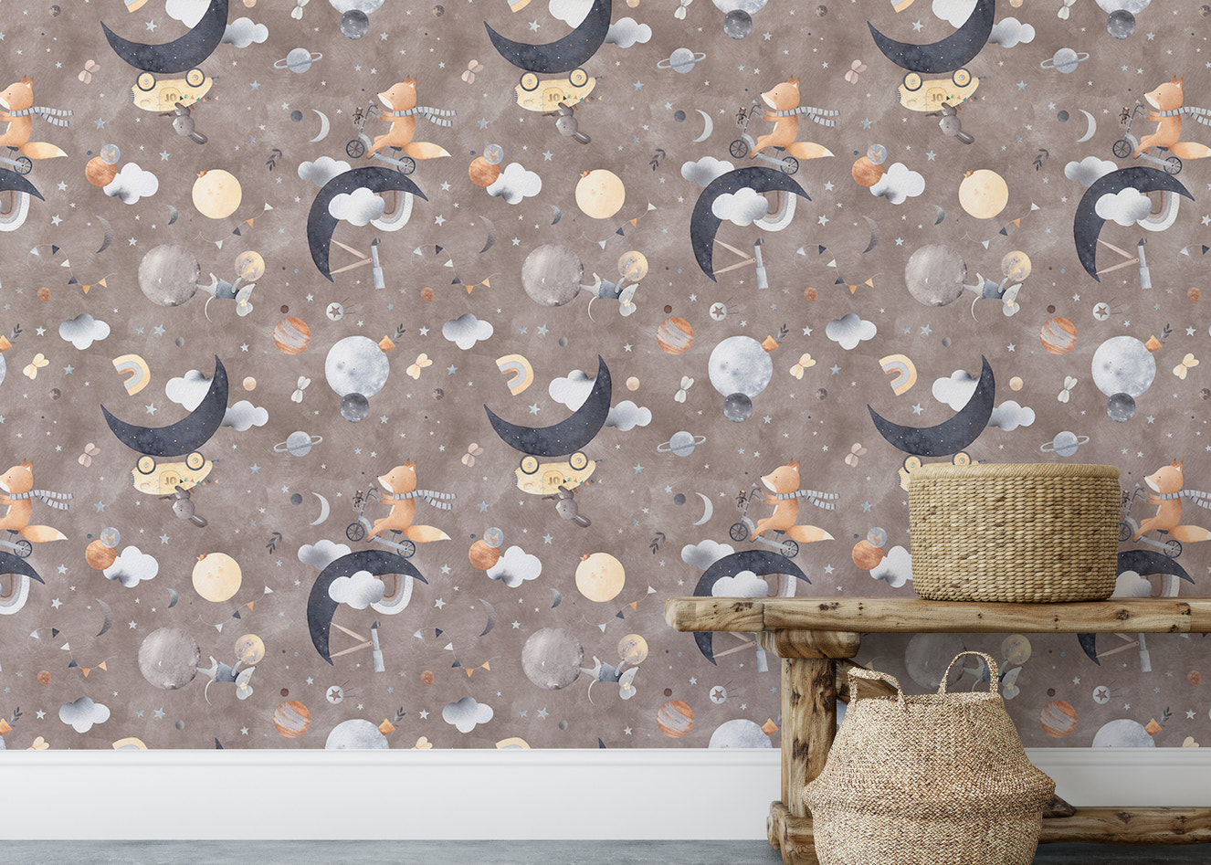 Whimsical wallpaper with fox and mouse in space clouds