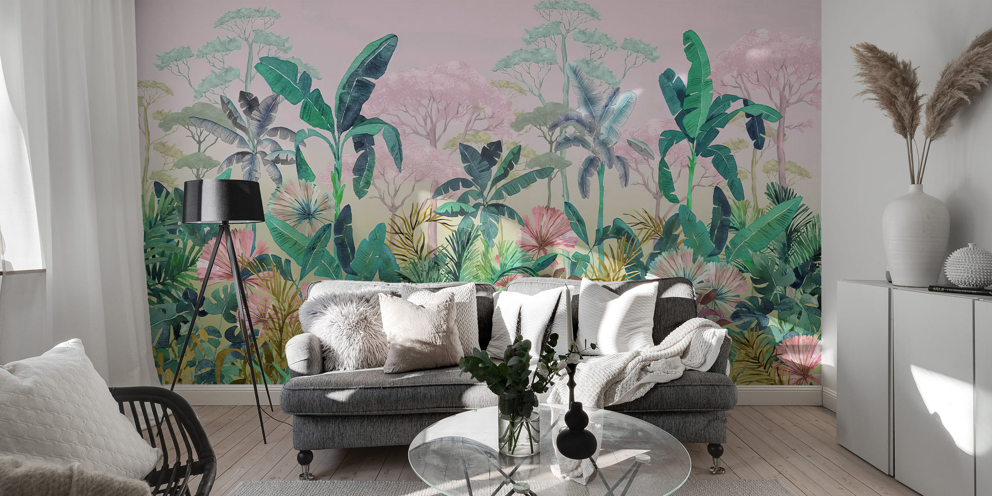 Nature-inspired wall mural with lush jungle leaves and trees
