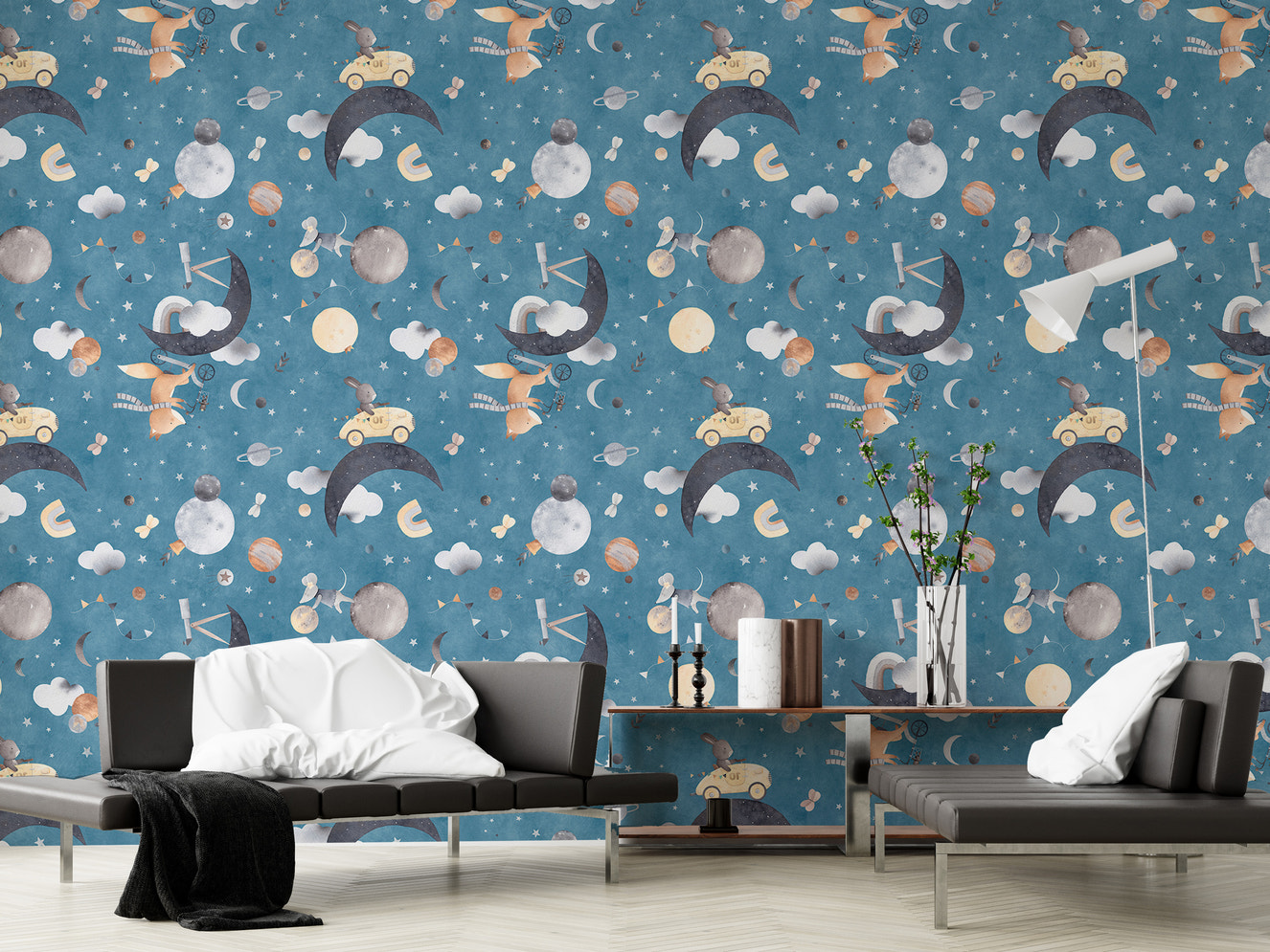 Playful space animals wallpaper with fox and mouse design