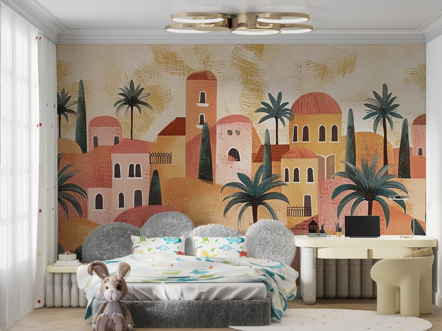 Desert oasis village mural with warm earth tones.
