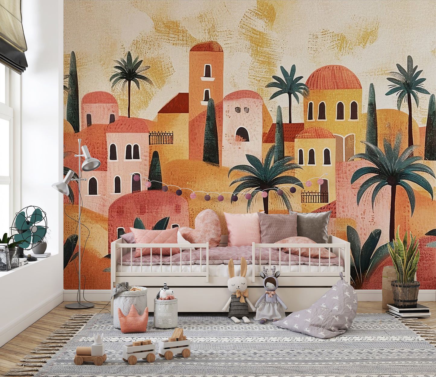 Serene desert village wall mural with an oasis vibe.
