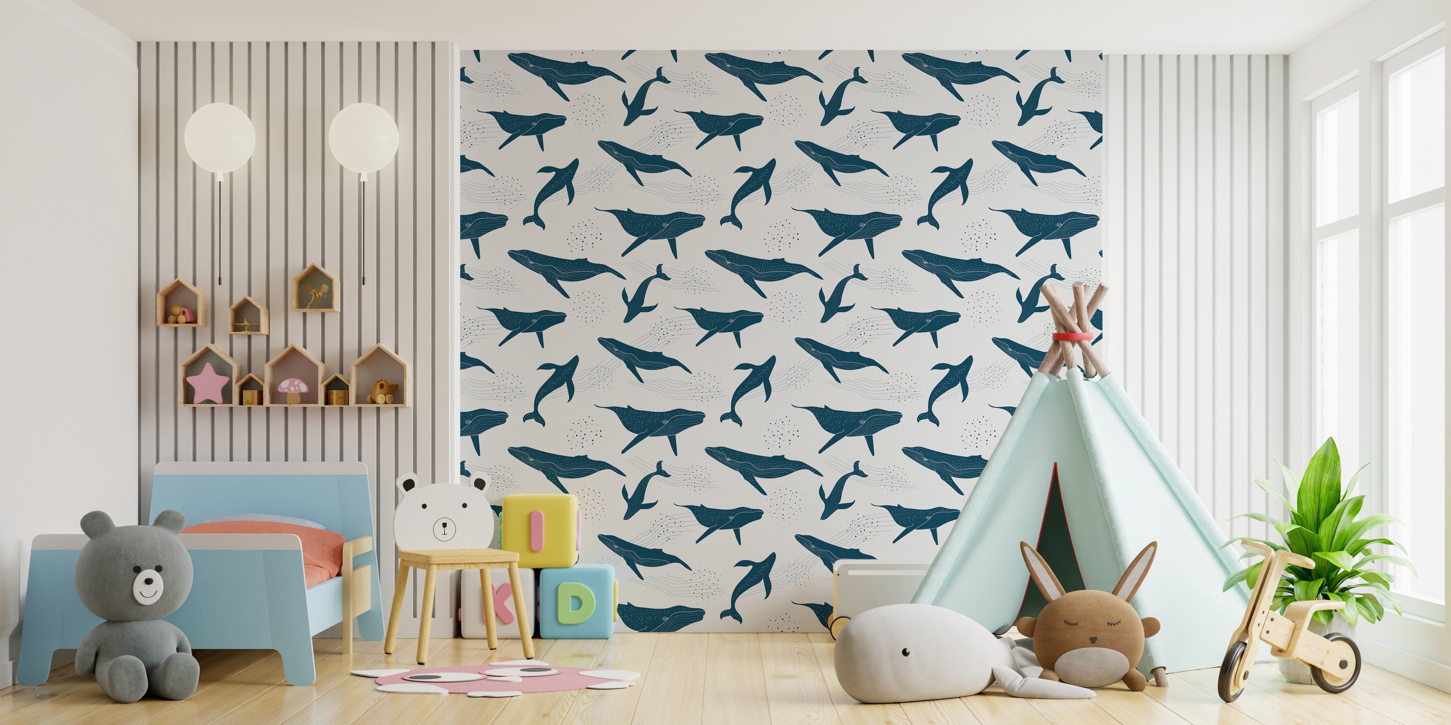 Blue whale wallpaper mural with ink design



