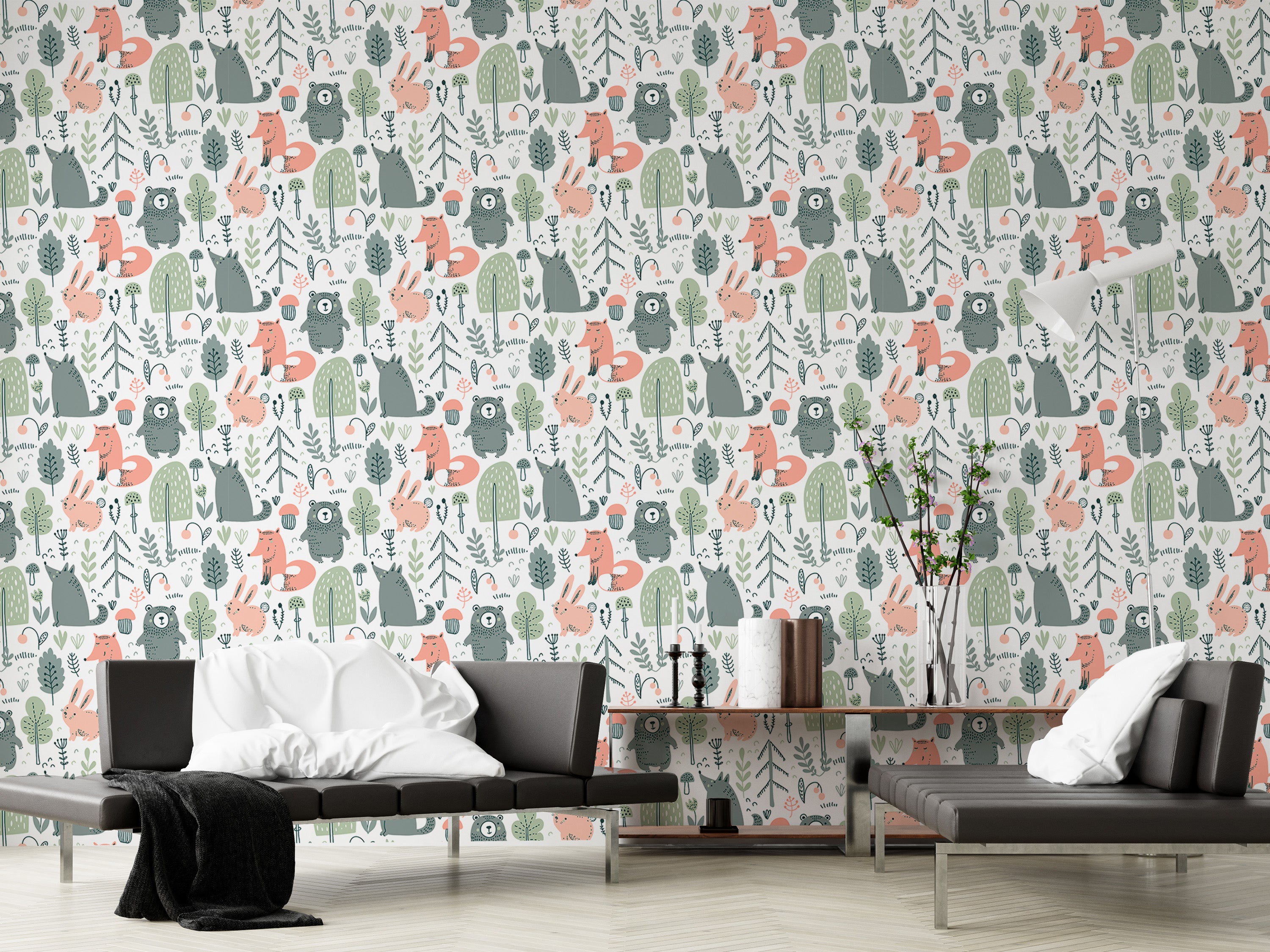 Colorful wild animal design wallpaper for children’s spaces