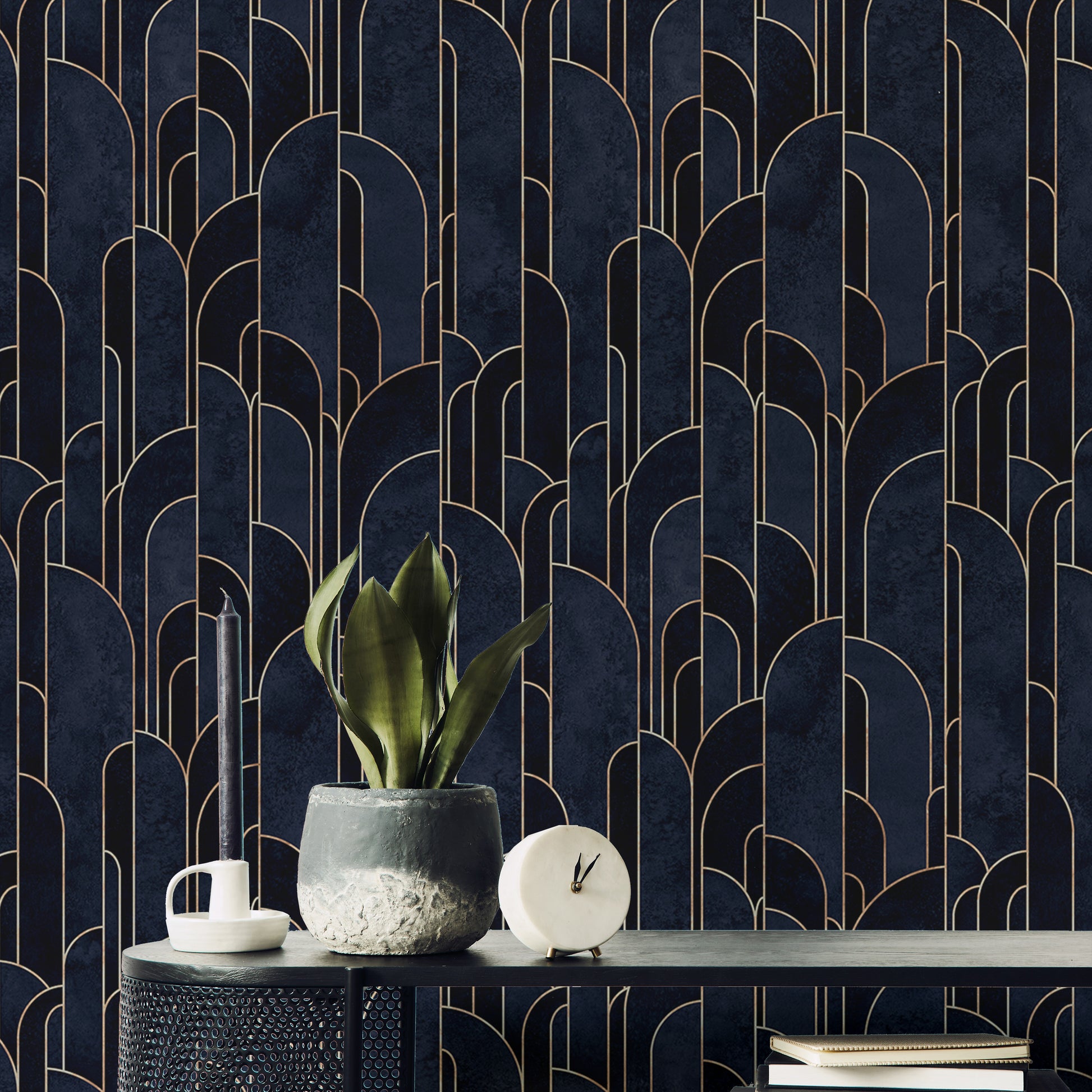 Sophisticated dark blue Deco adhesive wall decor.