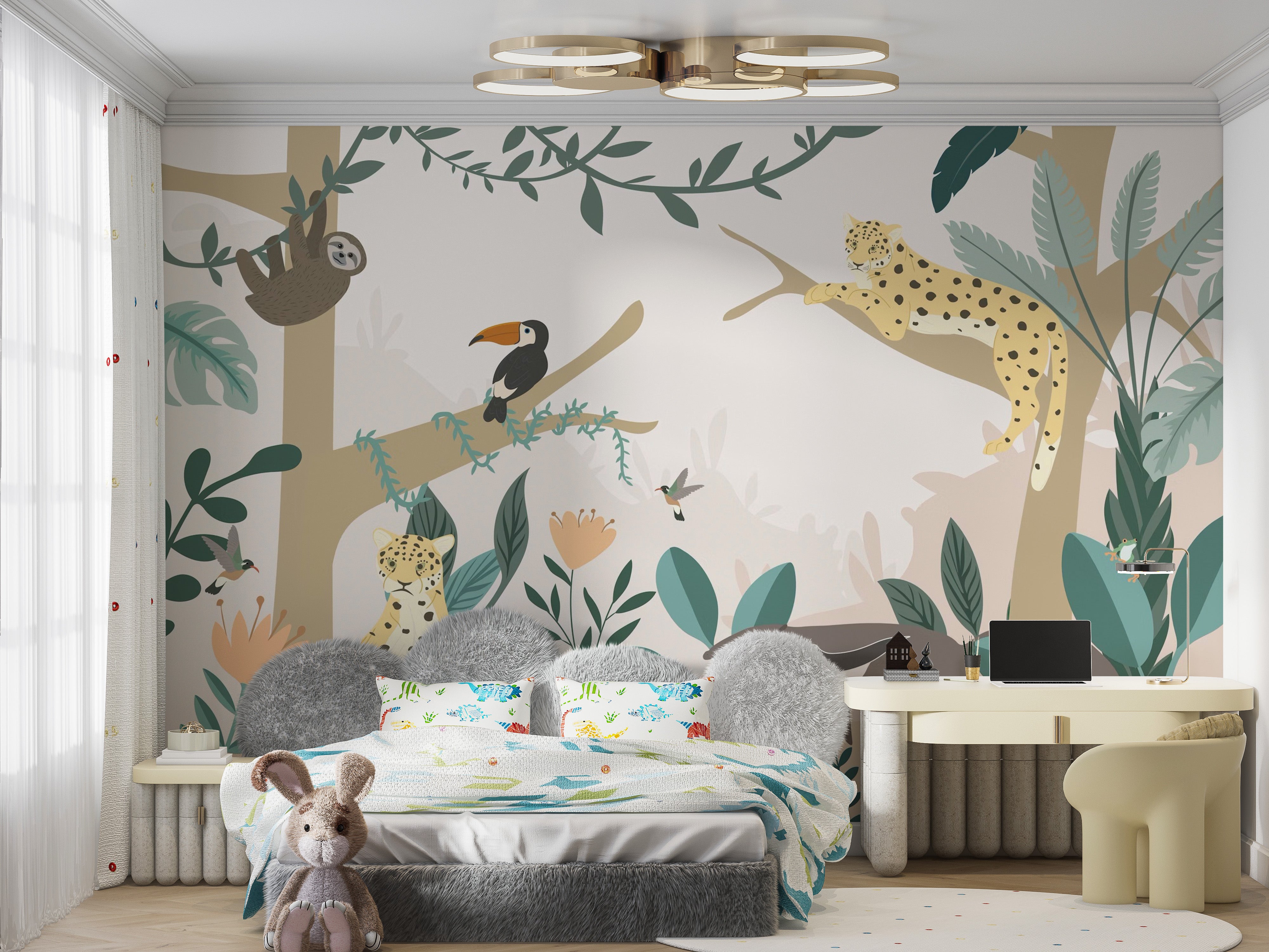 Jungle friends wall mural featuring exotic rainforest life.
