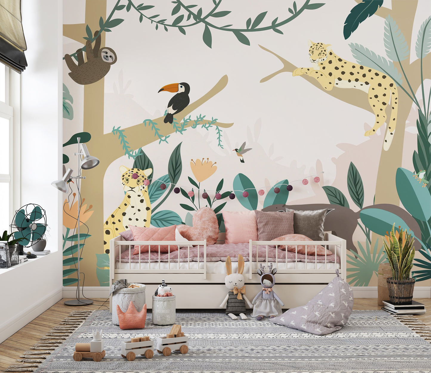 Bright and playful rainforest mural with animal friends.
