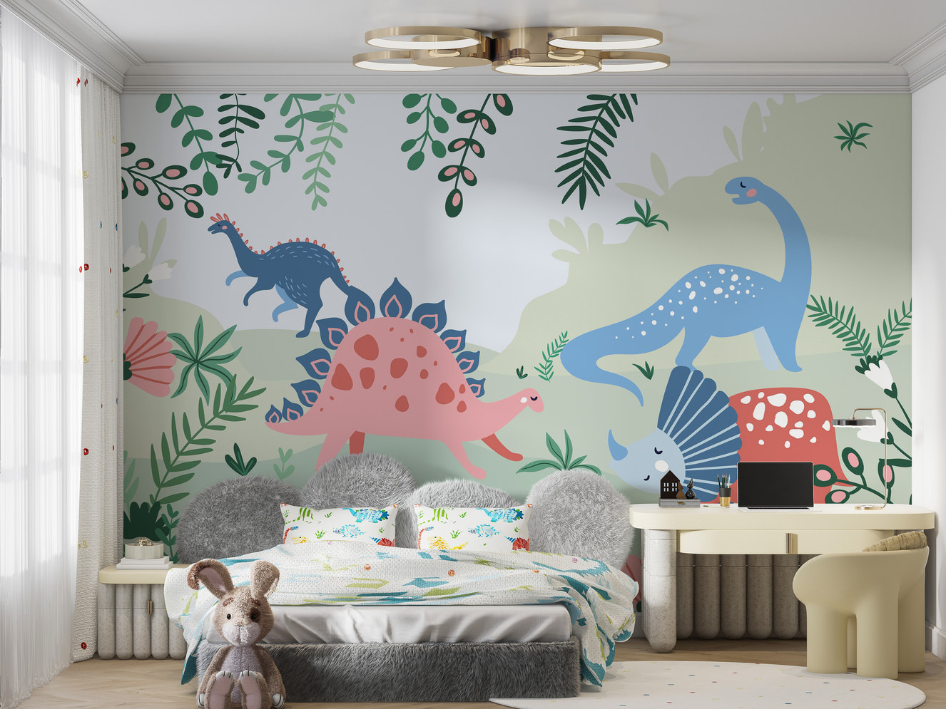 Exciting Jurassic Park mural with dinosaurs for kids' rooms.
