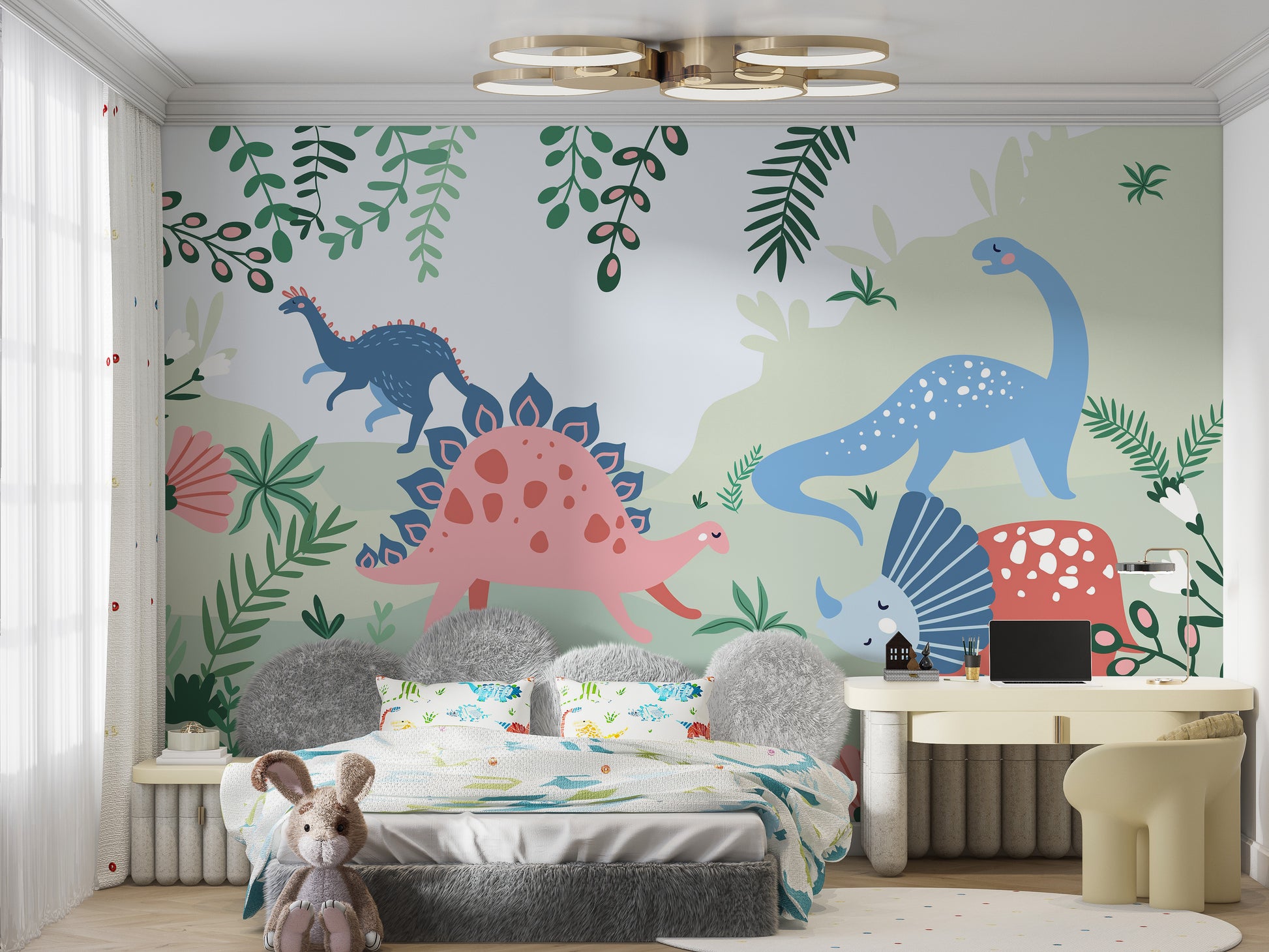 Exciting Jurassic Park mural with dinosaurs for kids' rooms.
