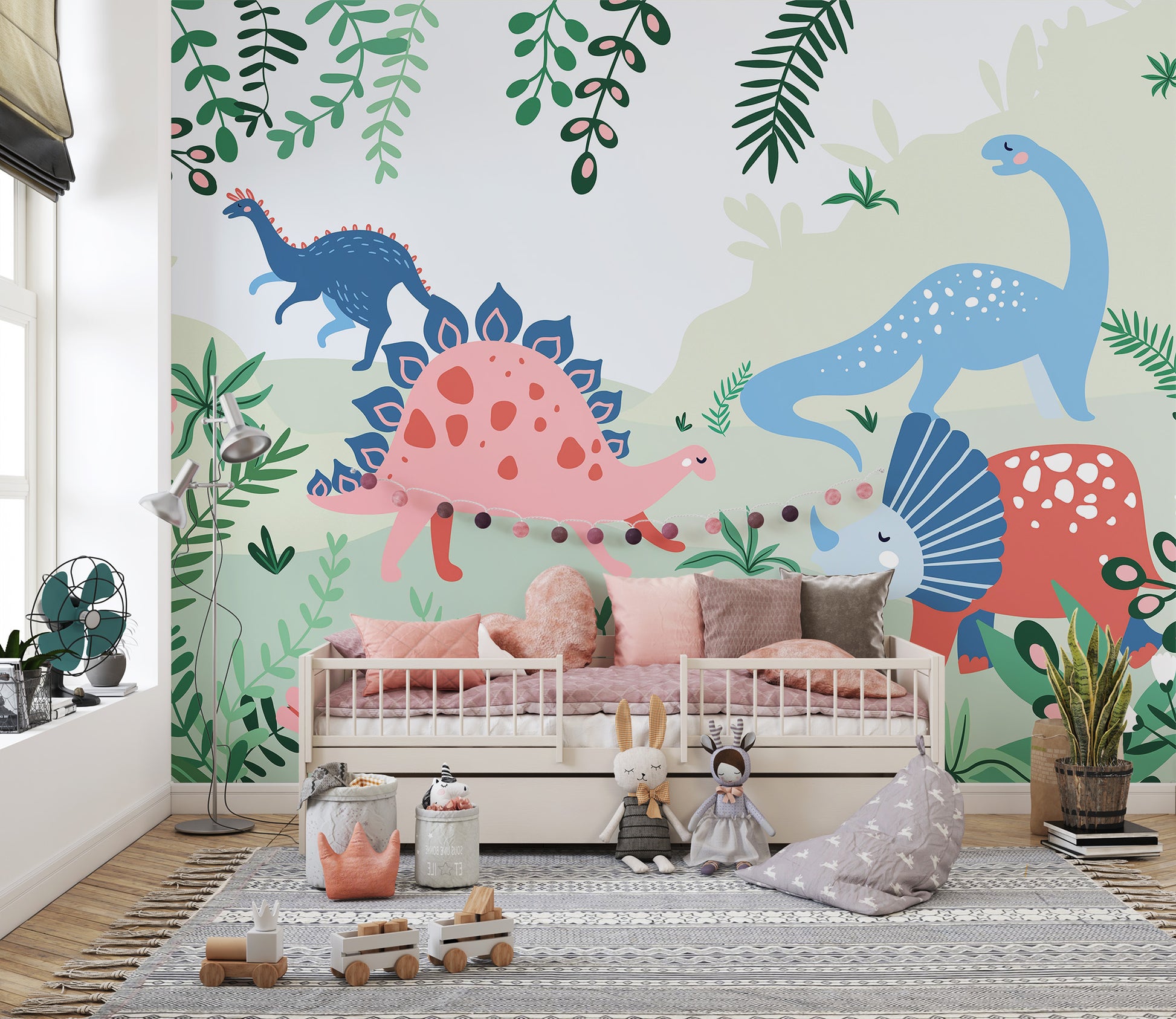 Jurassic Park-inspired mural with dinosaurs for children.

