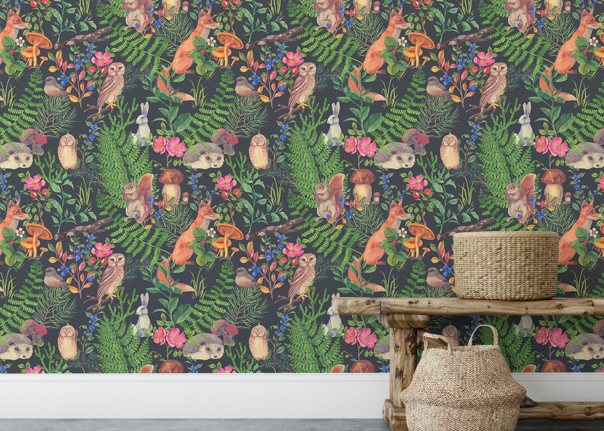 Charming wallpaper with hand-drawn watercolor forest animals