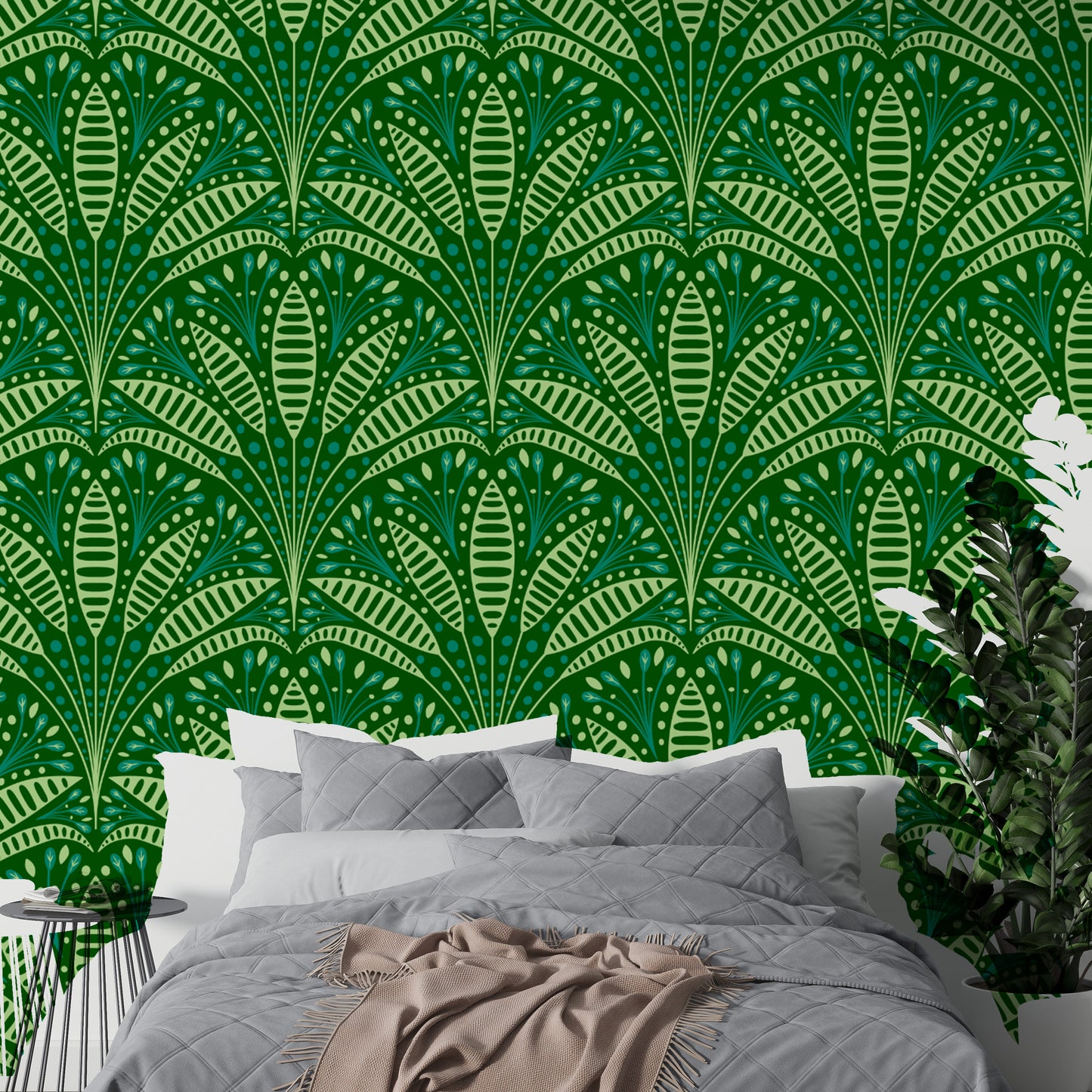 Art Deco green palm motif wallpaper for chic interiors
