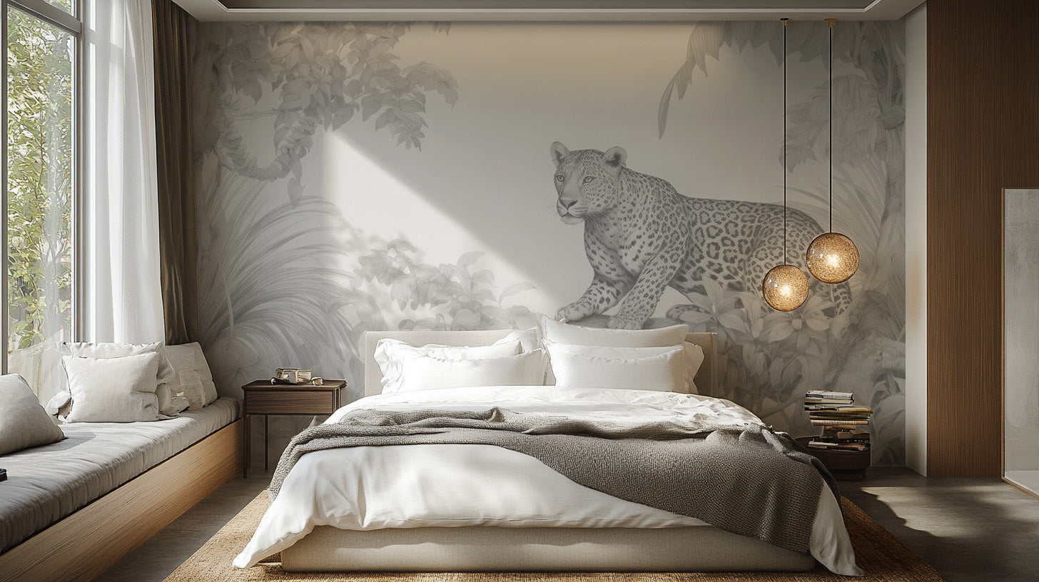 Wild resting leopard in forest wallpaper for room design
