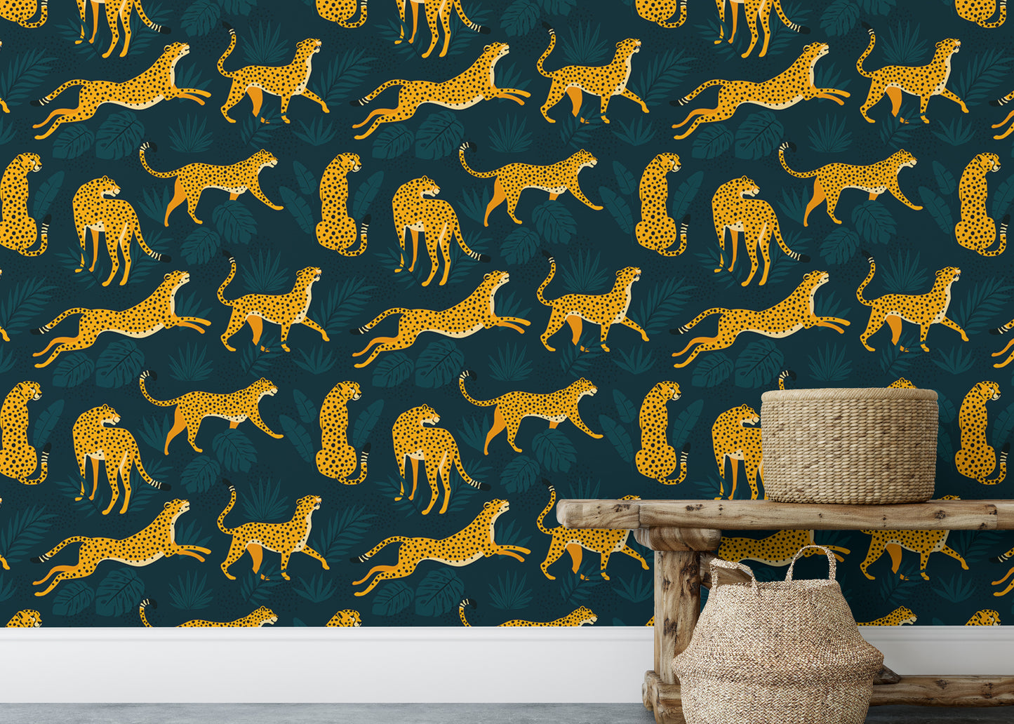 Fun wallpaper with leopards and tropical leaves for kids