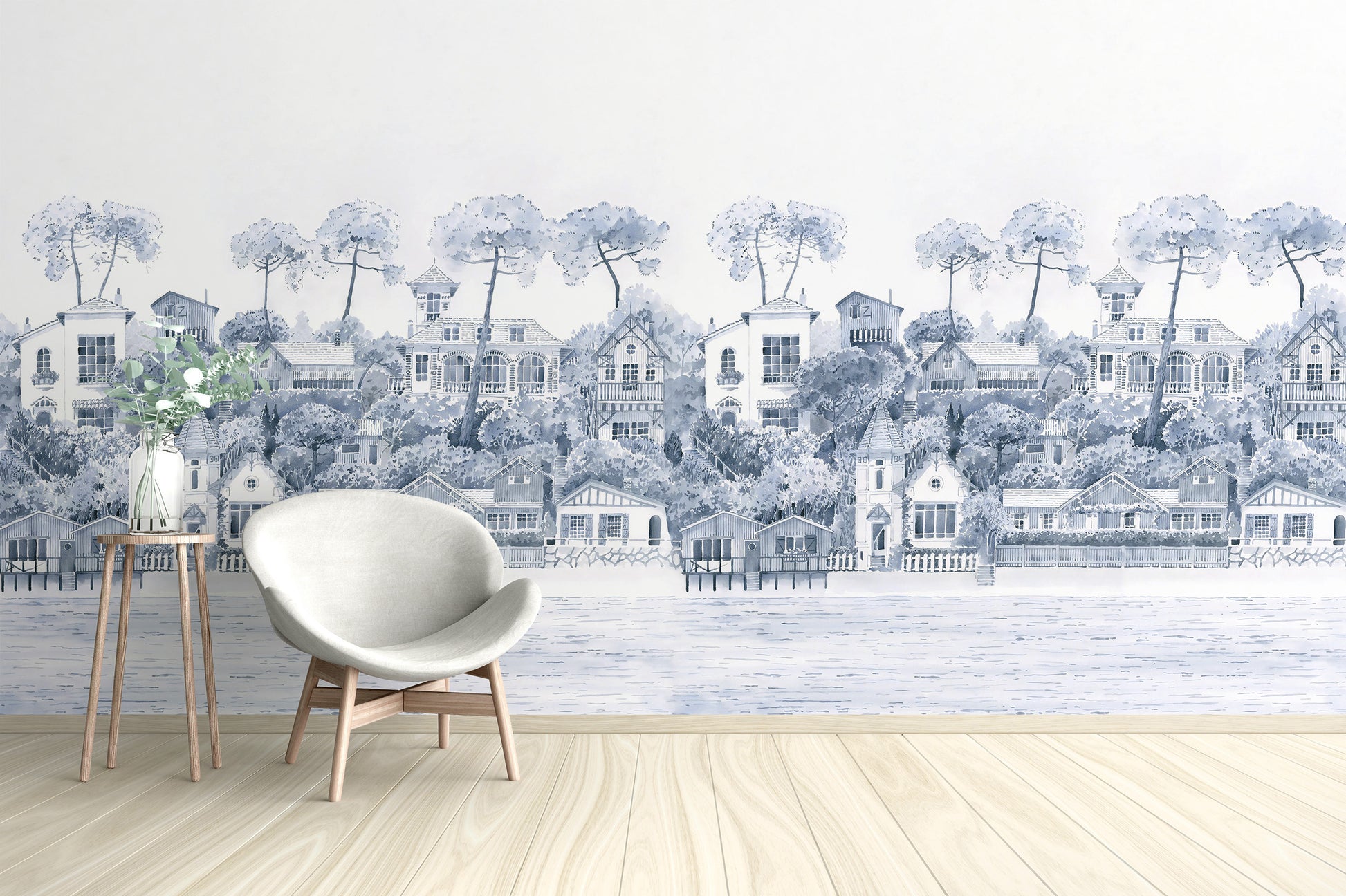 Dreamy coastal village wallpaper in watercolor style
