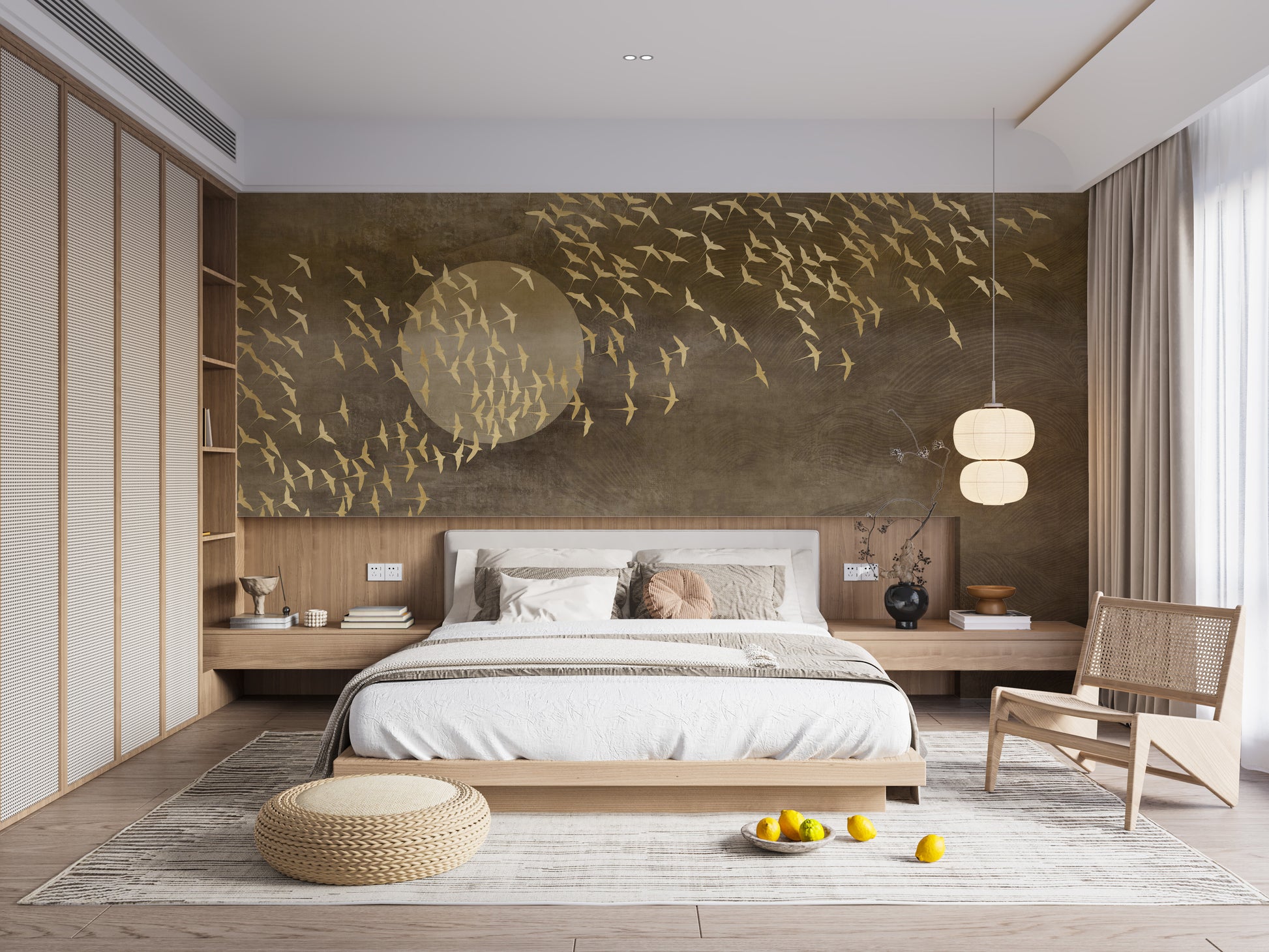 Flying birds wallpaper with earthy golden hues
