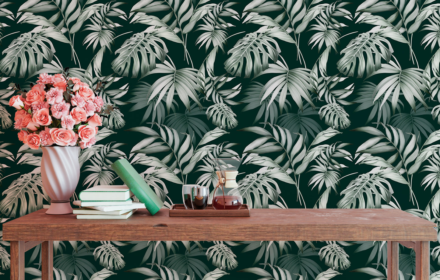 Exotic Jungle Tropical Green Leaves Repeat Wallpaper