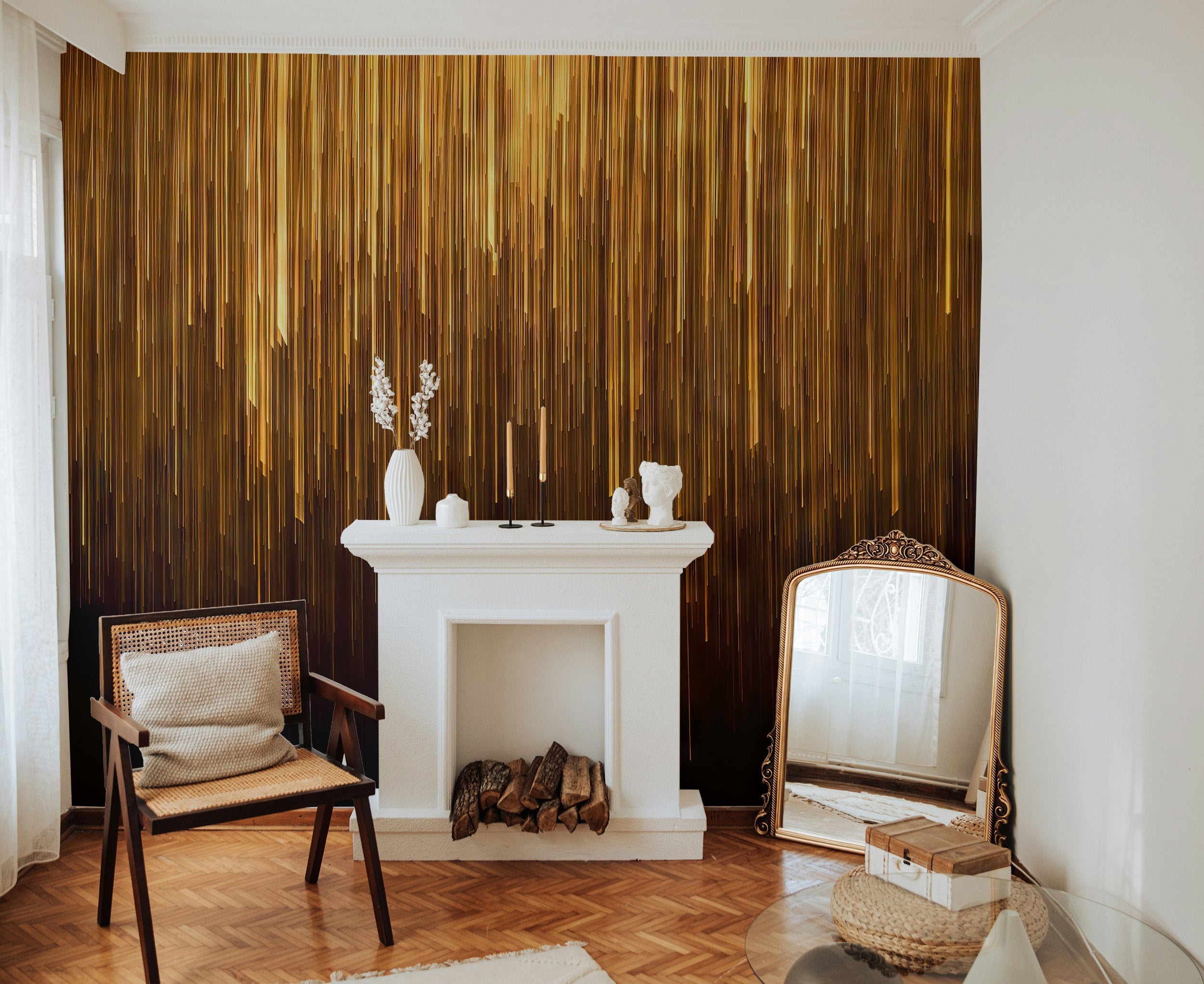 Contemporary wallpaper featuring shimmering gold line designs
