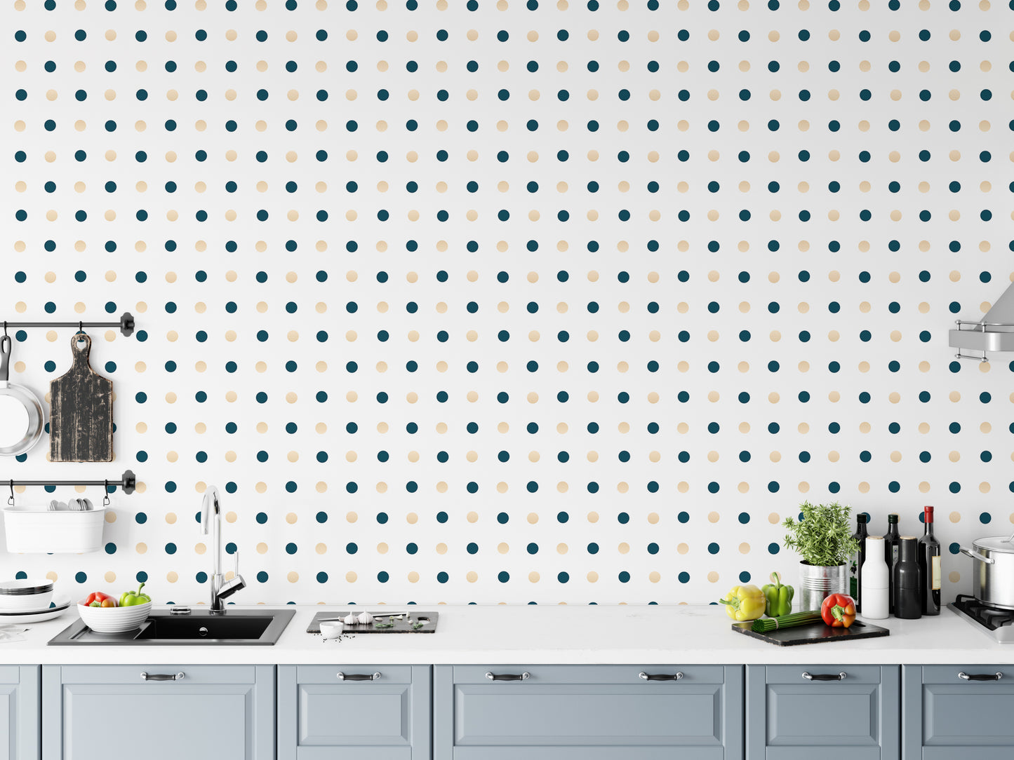 Dark Blue and Golden Polka Dots White Background Wallpaper