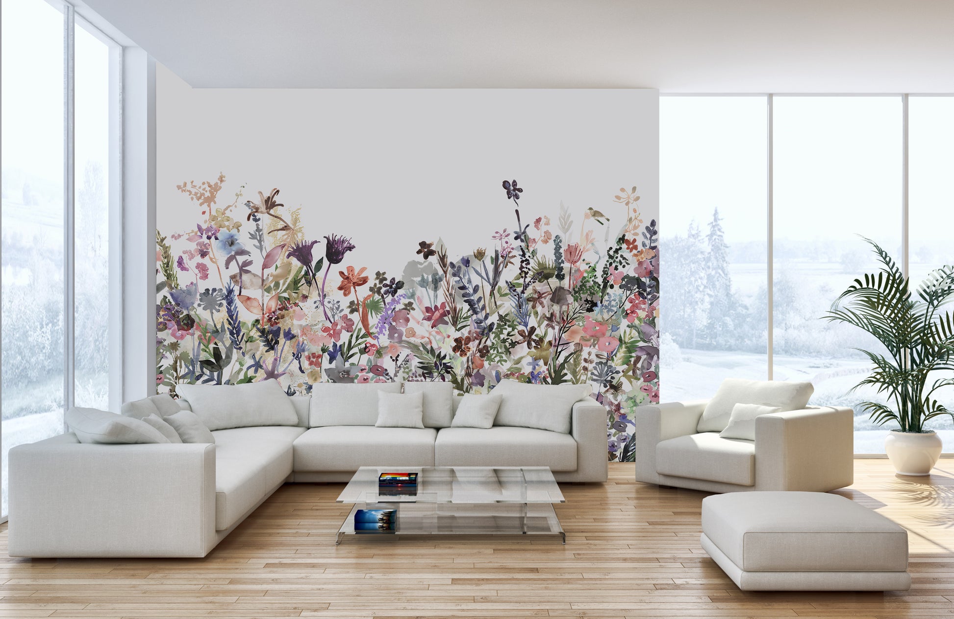 Graceful wildflowers in a soothing wall mural design.