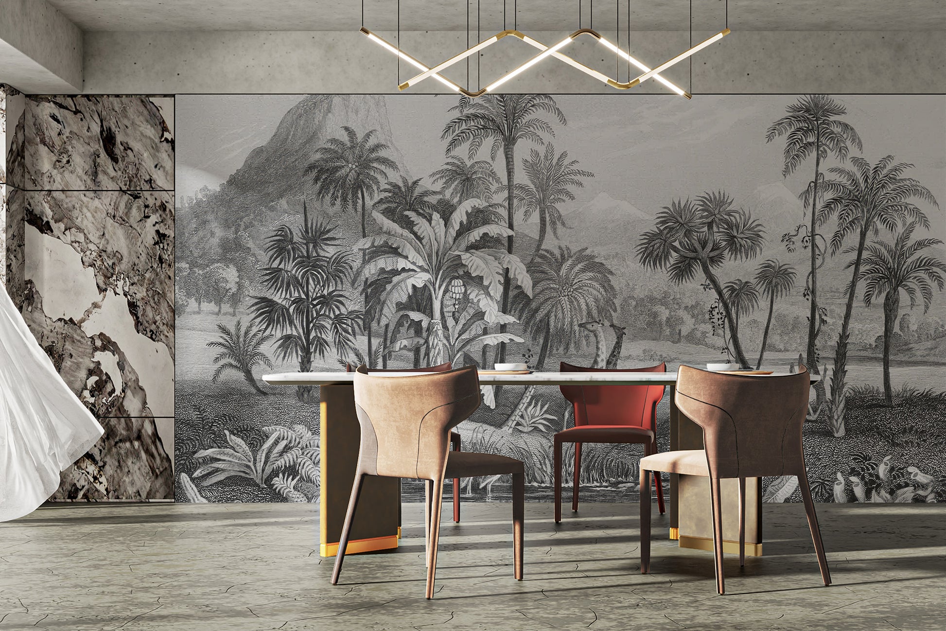 Monochrome wall mural showcasing exotic jungle plants and scenery
