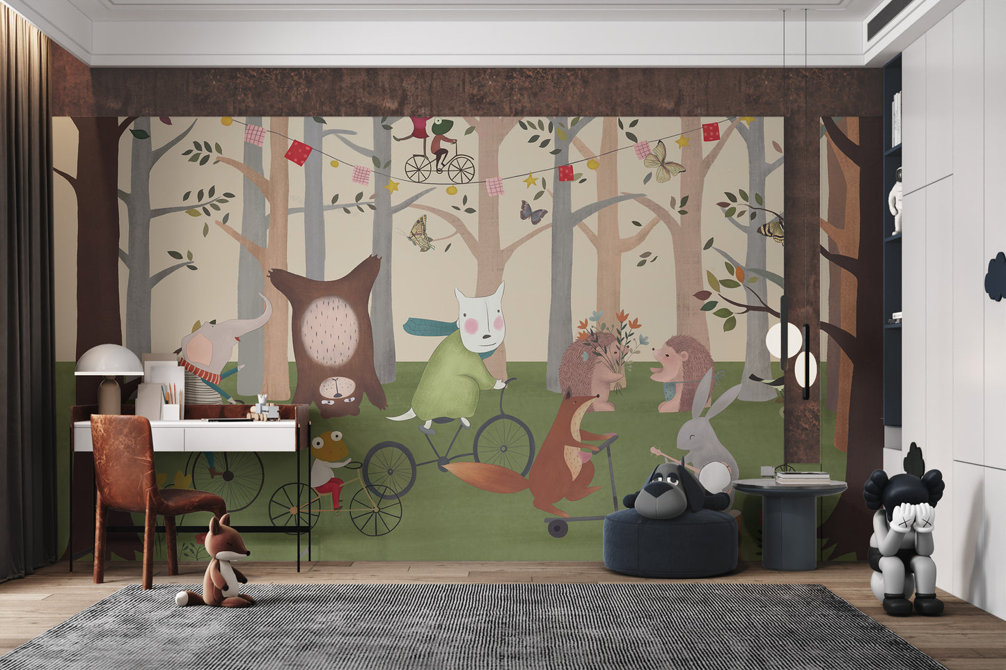 Forest mural with playful animals for children