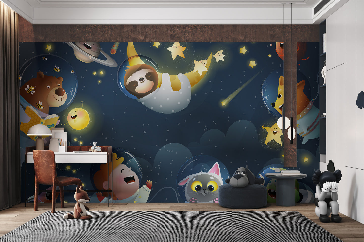 Playful kids and animals in a space wall mural